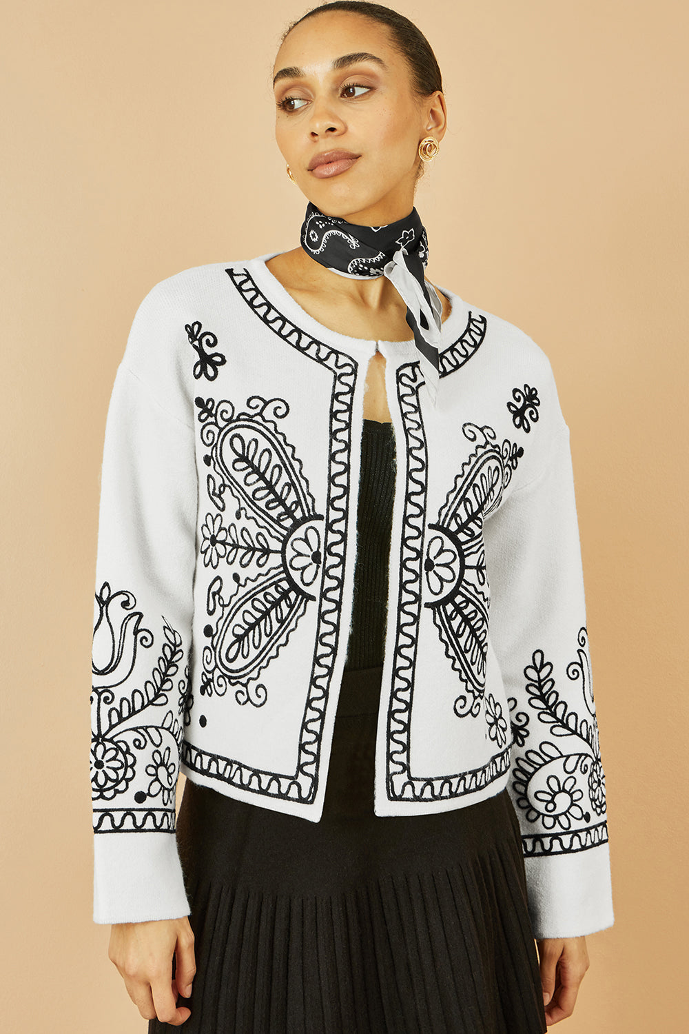 Yumi Ivory Folk Embroidered Edge To Edge Cardigan Knit Cardigan Yumi