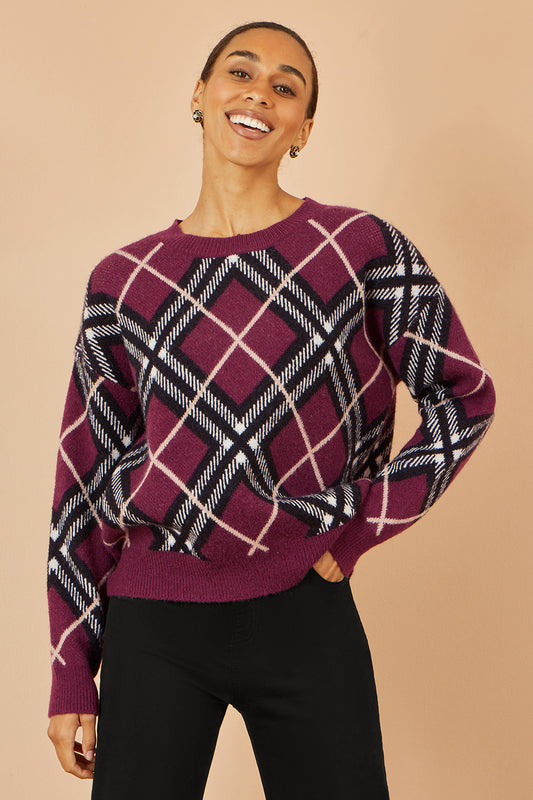 Yumi Burgundy Argyle Check Relaxed Jumper Knit Jumper Yumi