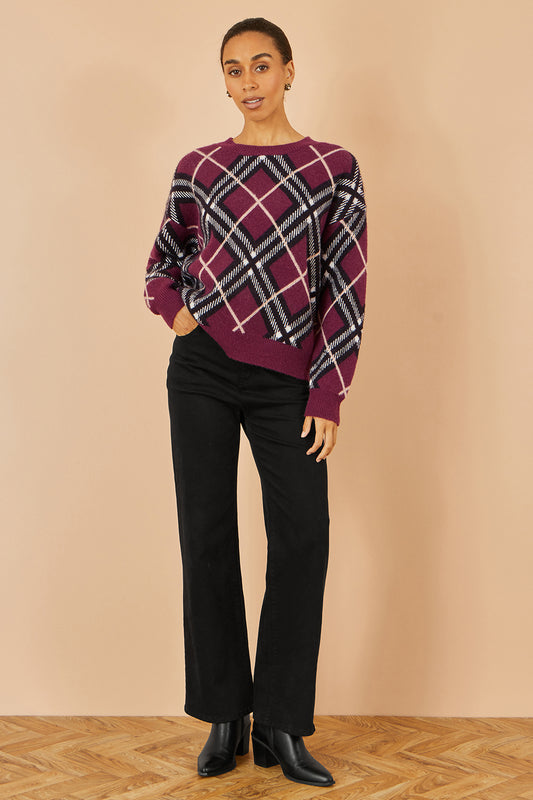 Yumi Burgundy Argyle Check Relaxed Jumper Knit Jumper Yumi