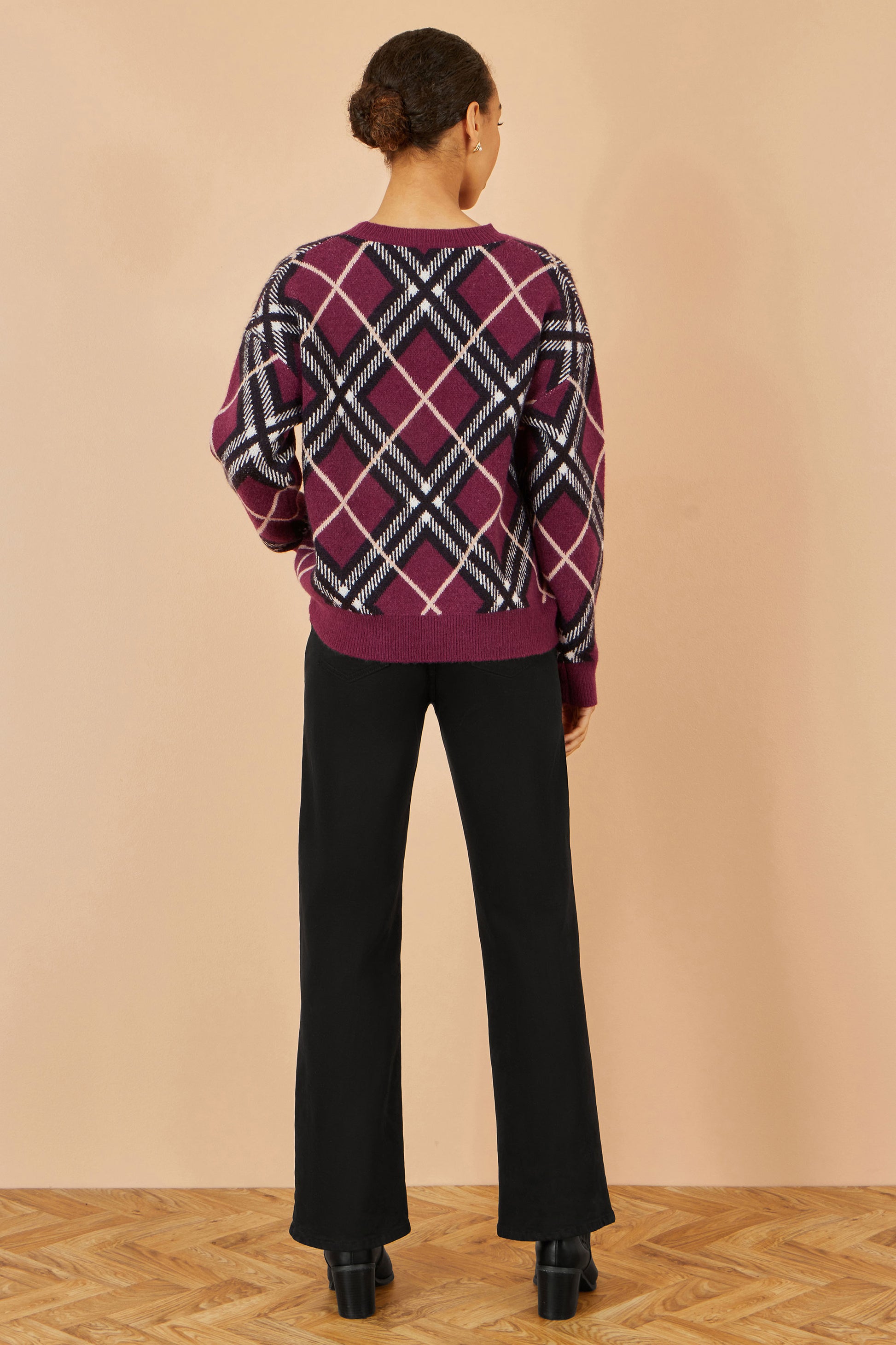 Yumi Burgundy Argyle Check Relaxed Jumper Knit Jumper Yumi