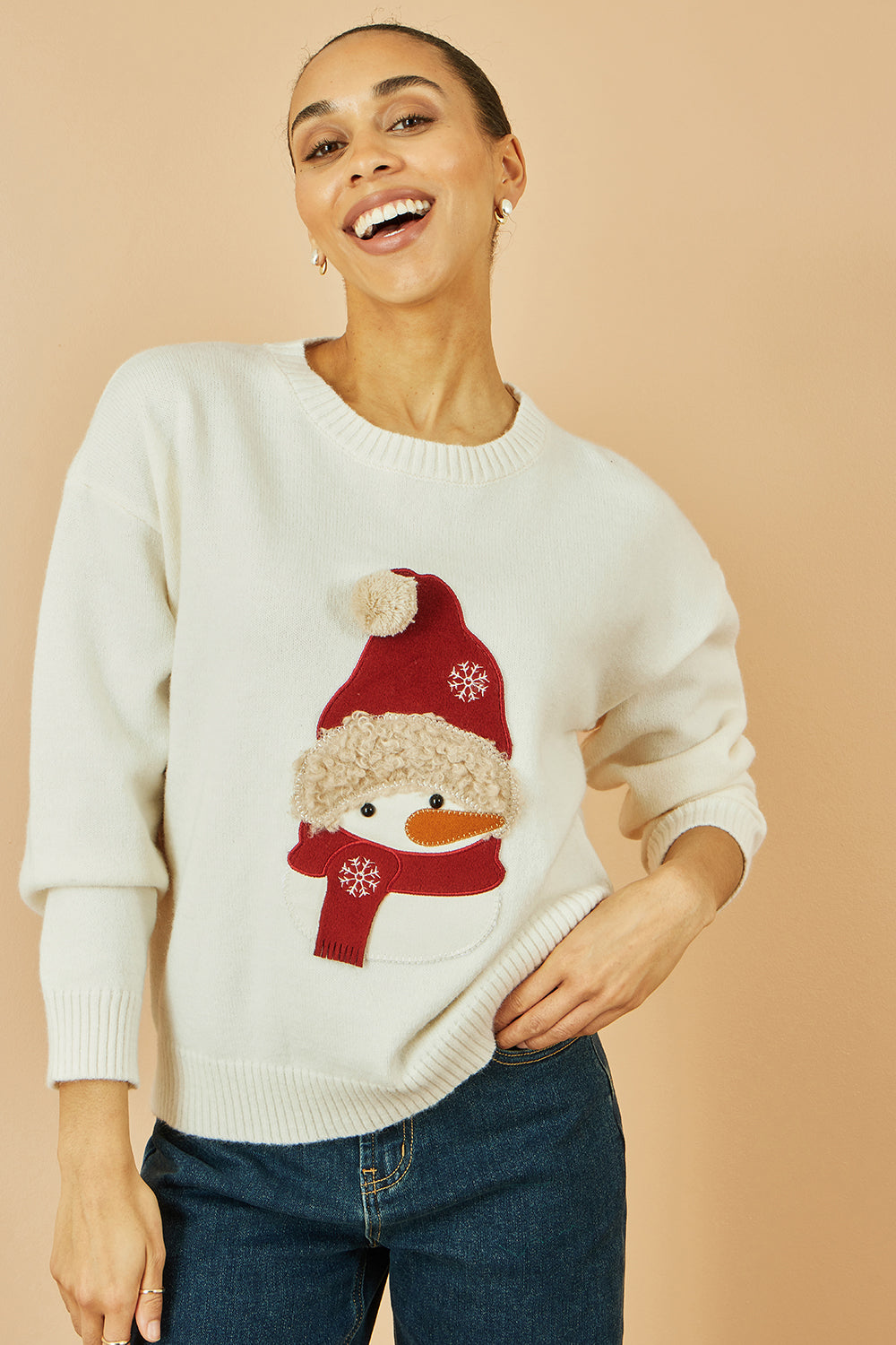 Yumi White Christmas Jumper With Applique Snowman Knit Xmas Jumper Yumi