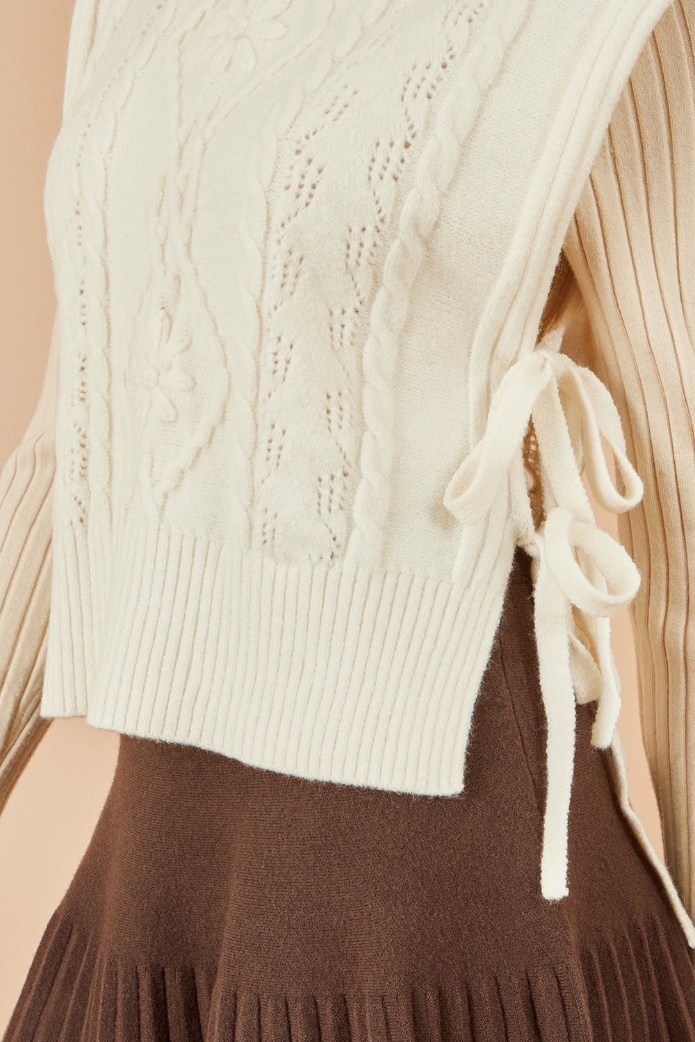Yumi Ivory Flower Cable Knit Tie Side Pullover Knit Pullover Yumi