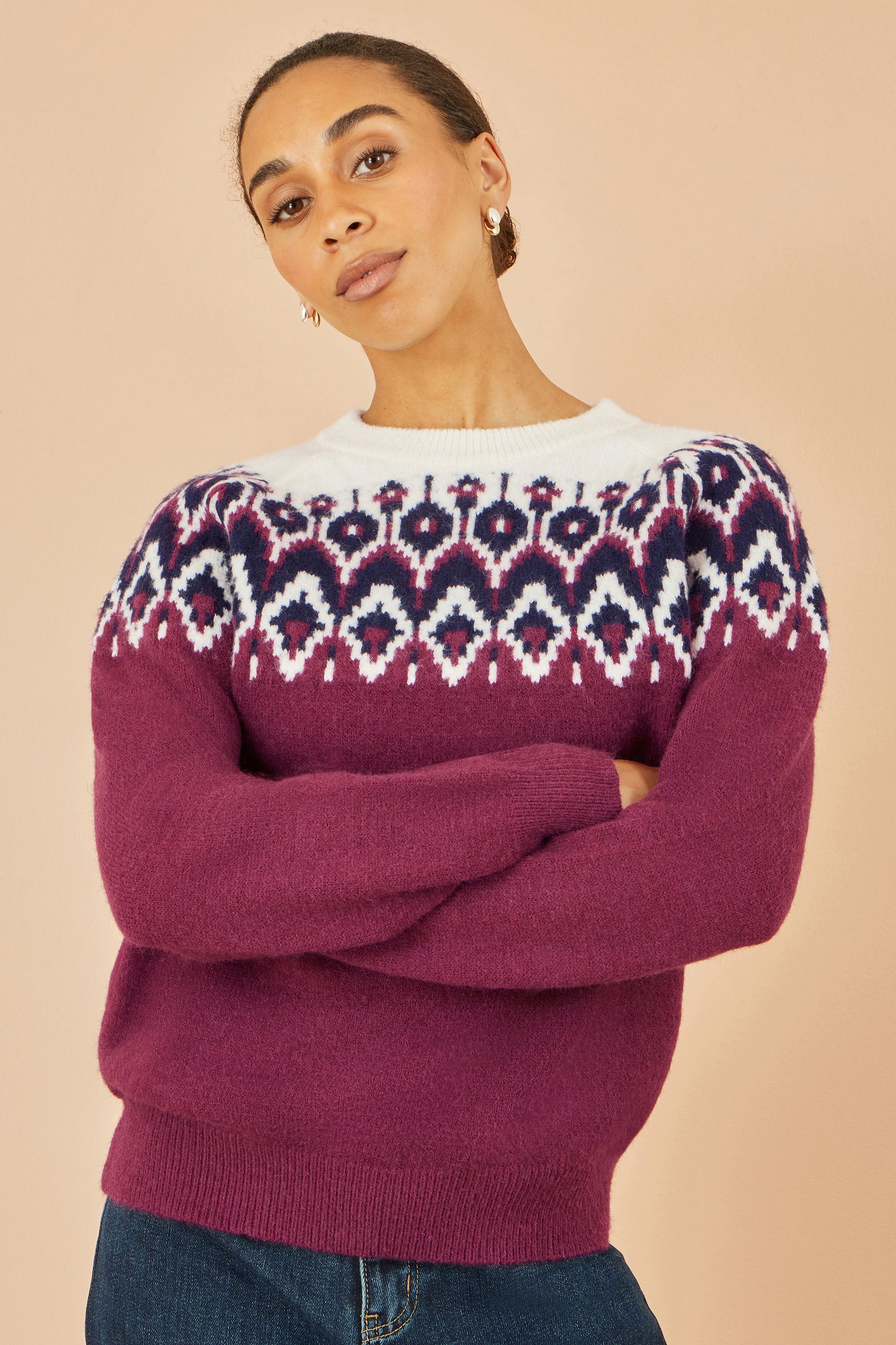 Yumi Burgundy Fair isle Relaxed Fit Knitted Jumper Knit Xmas Jumper Yumi