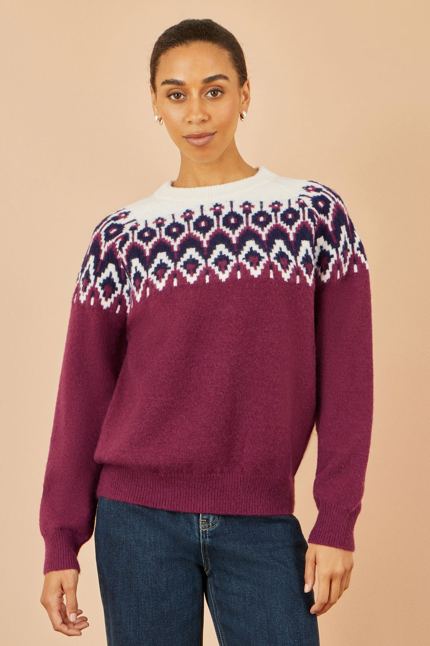 Yumi Burgundy Fair isle Relaxed Fit Knitted Jumper Knit Xmas Jumper Yumi