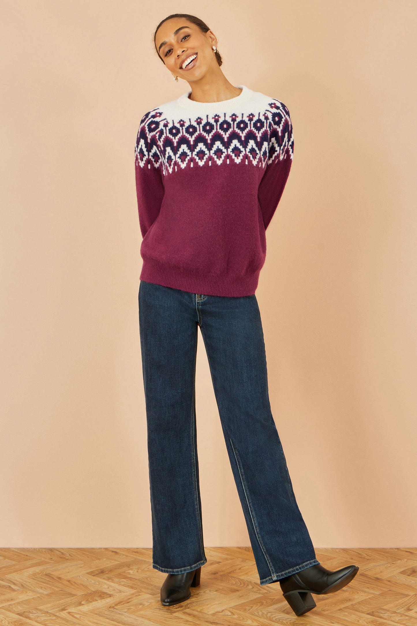 Yumi Burgundy Fair isle Relaxed Fit Knitted Jumper Knit Xmas Jumper Yumi