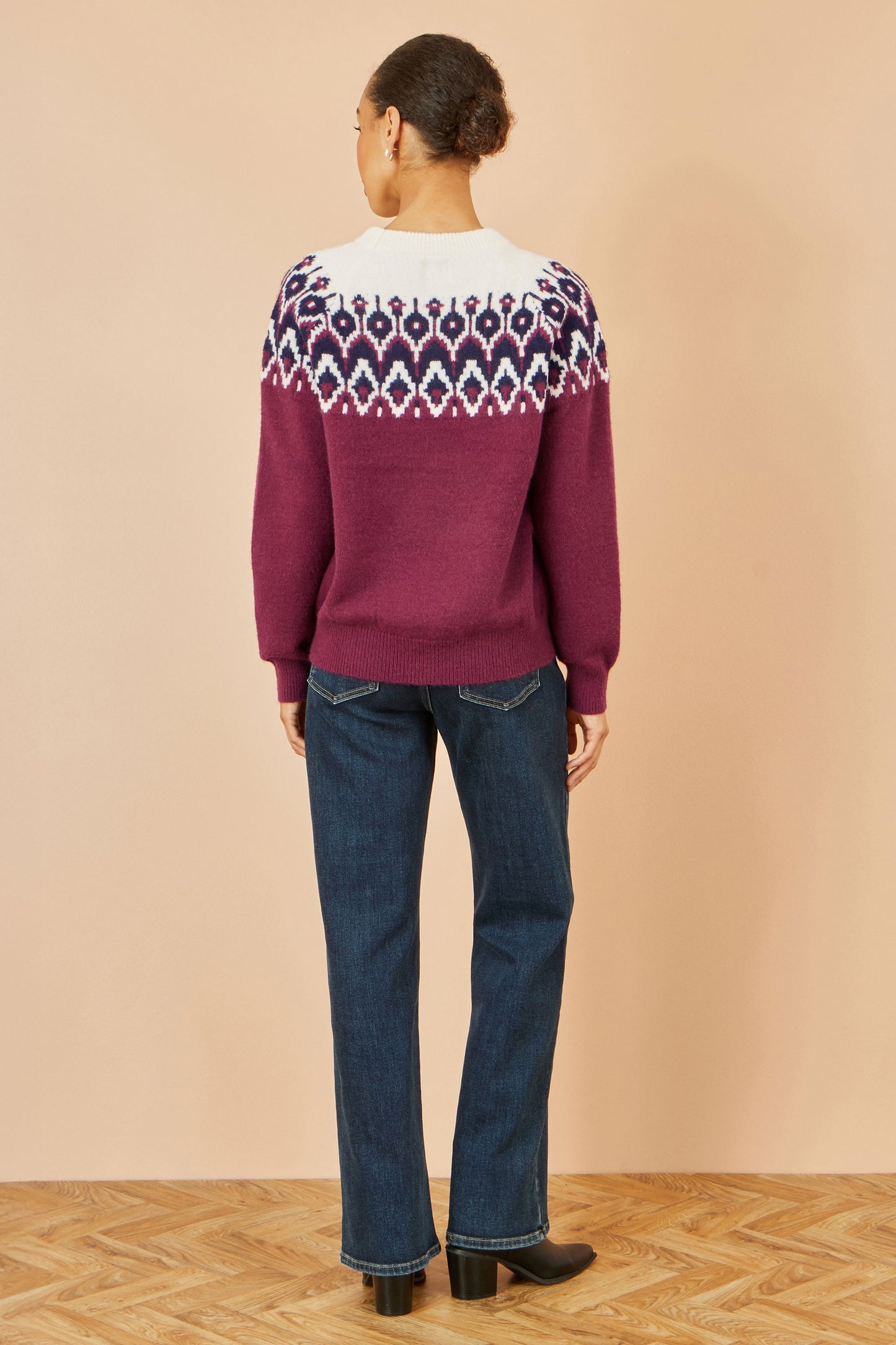 Yumi Burgundy Fair isle Relaxed Fit Knitted Jumper Knit Xmas Jumper Yumi