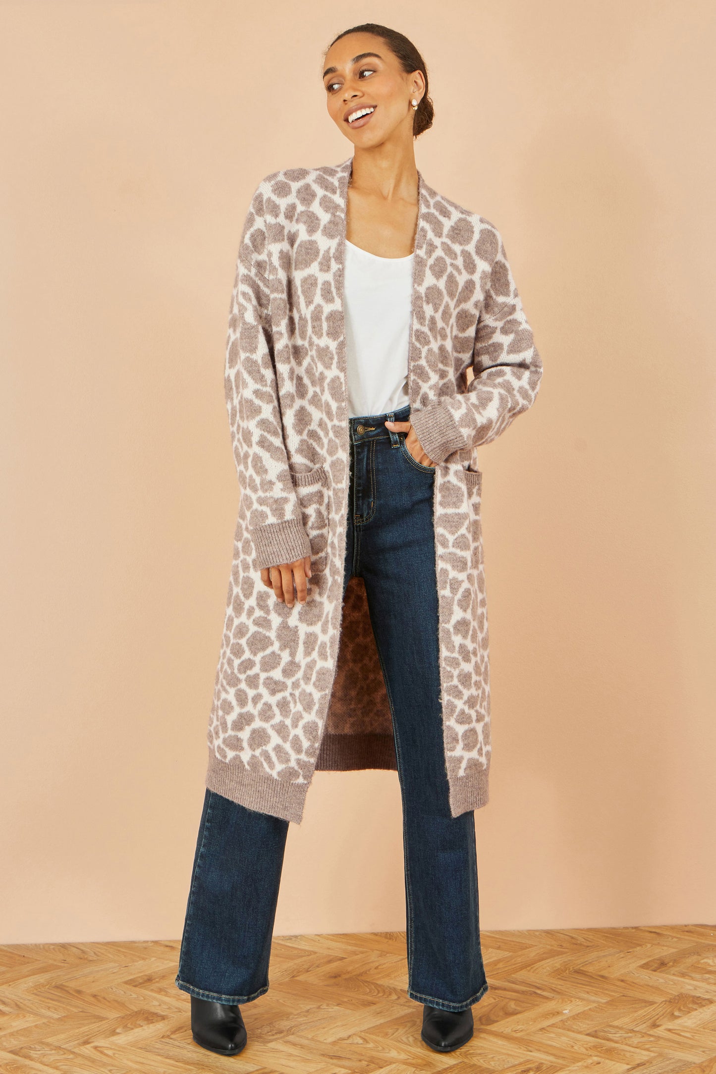 Yumi Beige Animal Print Intarsia Long Cardigan Knit Cardigan Yumi