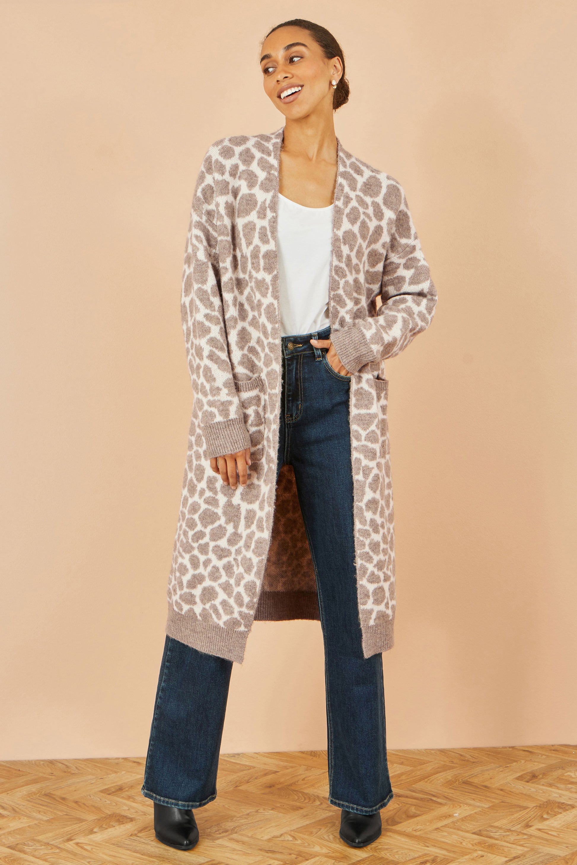 Yumi Beige Animal Print Intarsia Long Cardigan Knit Cardigan Yumi