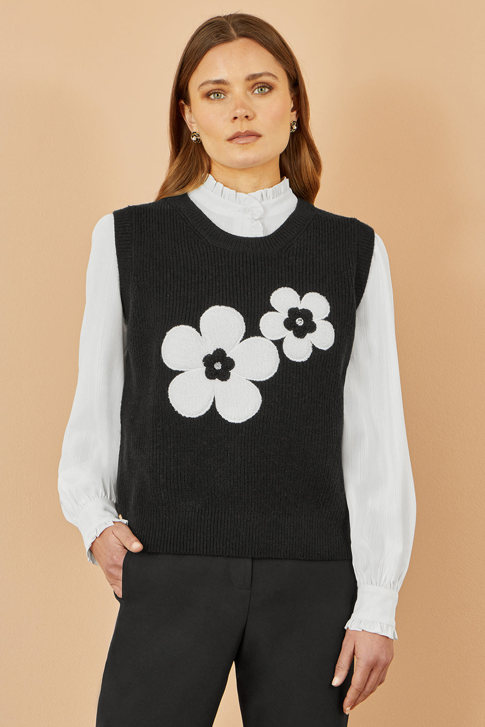Yumi Black Flower Knitted Sleeveless Jumper Vest Knit Pullover Yumi
