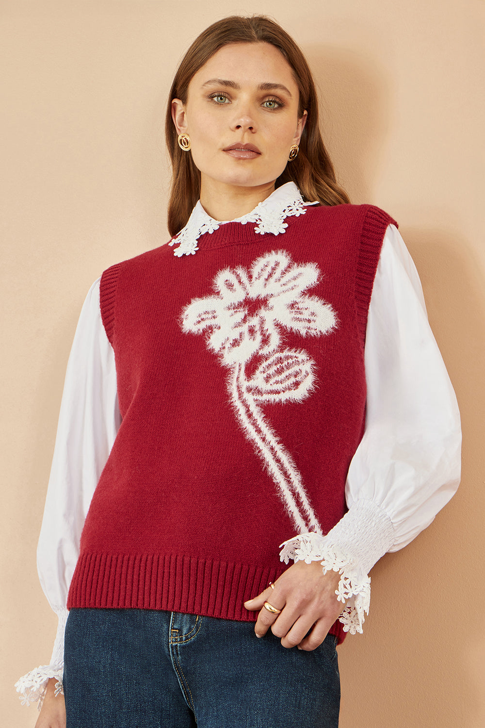 Yumi Burgundy Knitted Flower Sleeveless Jumper Vest Knit Pullover Yumi