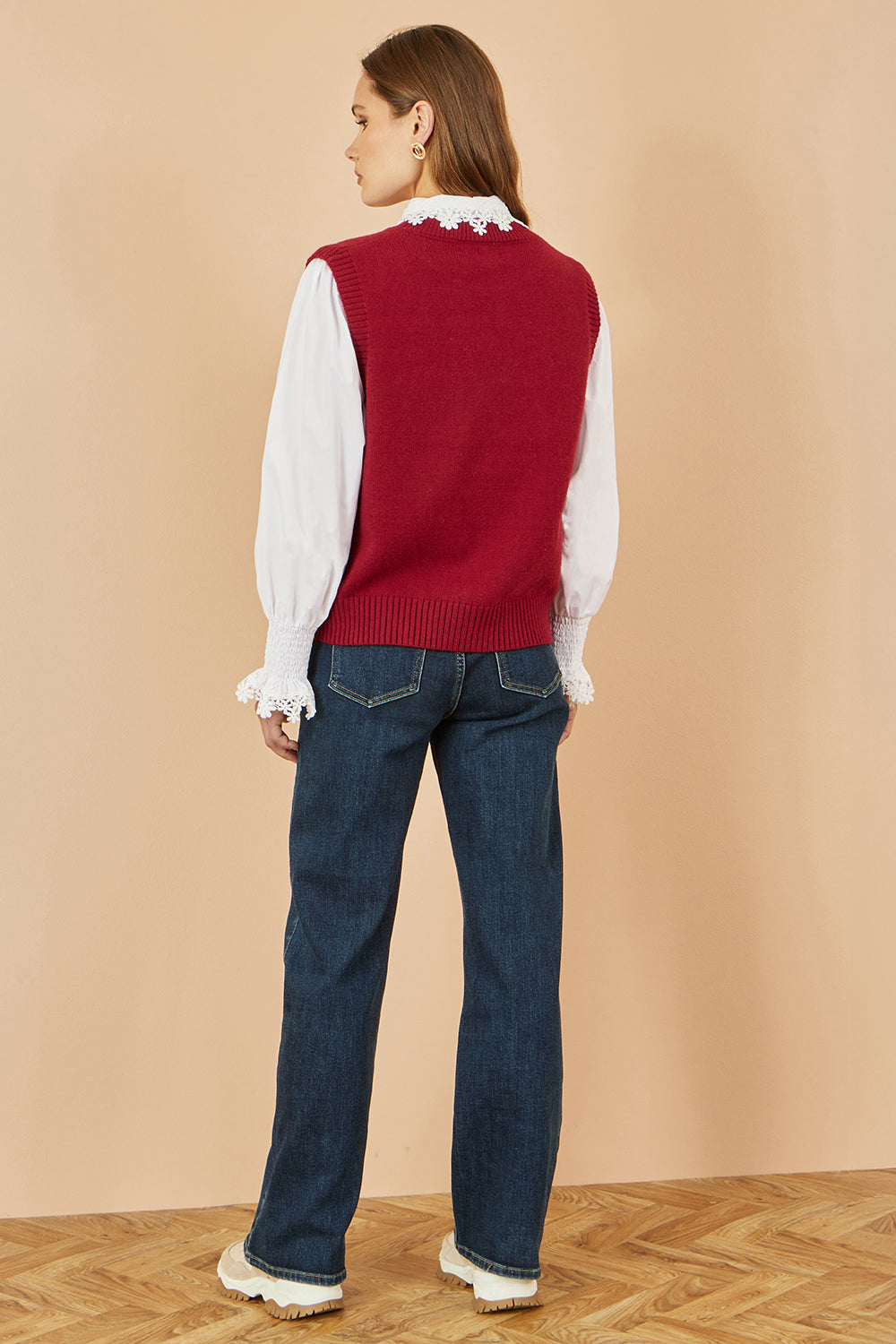 Yumi Burgundy Knitted Flower Sleeveless Jumper Vest Knit Pullover Yumi