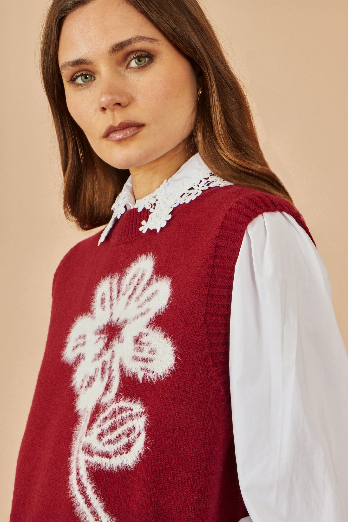 Yumi Burgundy Knitted Flower Sleeveless Jumper Vest Knit Pullover Yumi