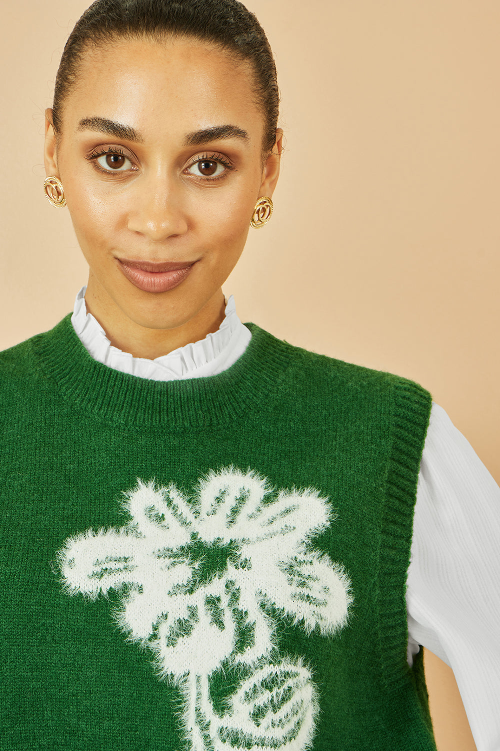 Yumi Green Knitted Flower Sleeveless Jumper Vest Knit Pullover Yumi