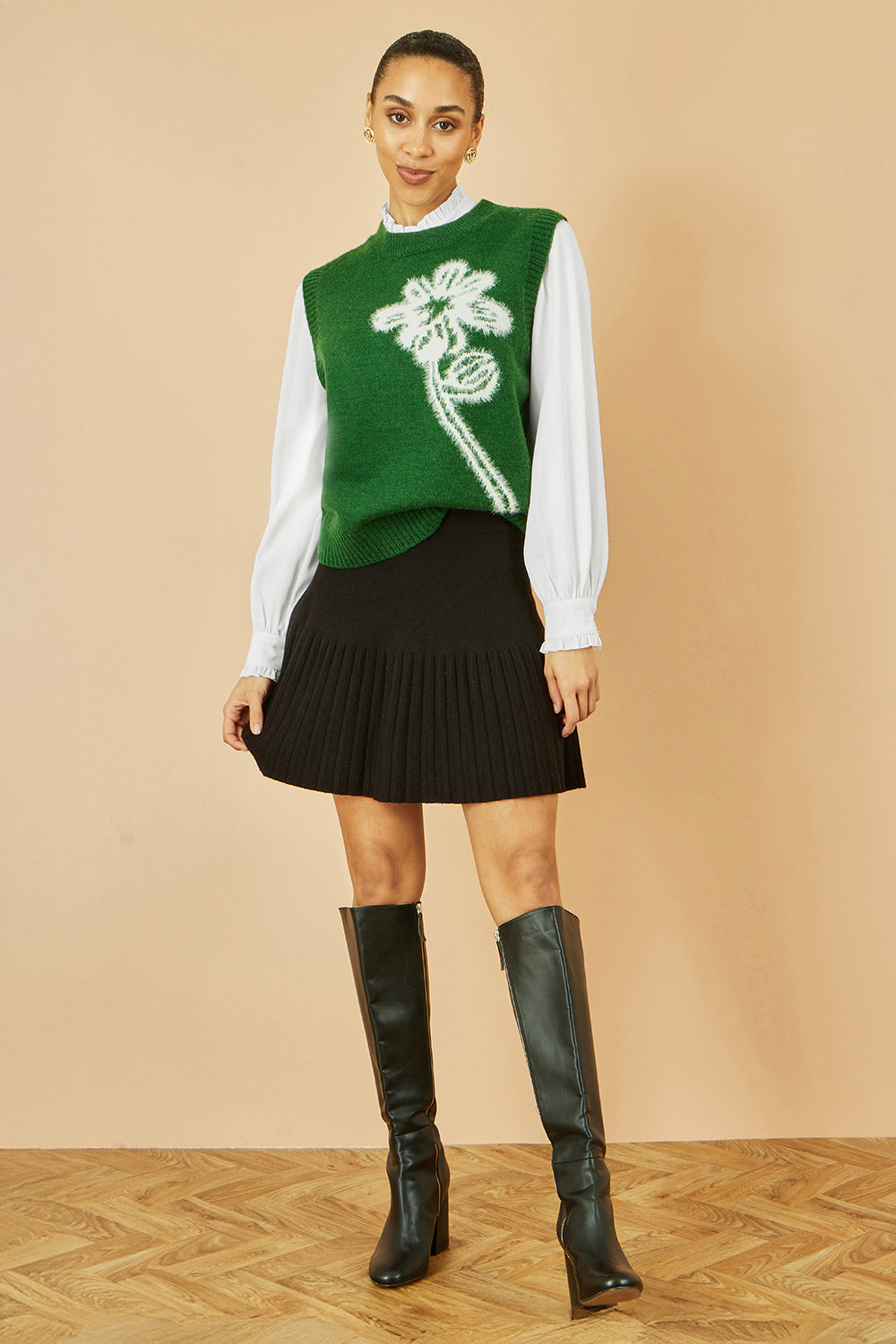 Yumi Green Knitted Flower Sleeveless Jumper Vest Knit Pullover Yumi