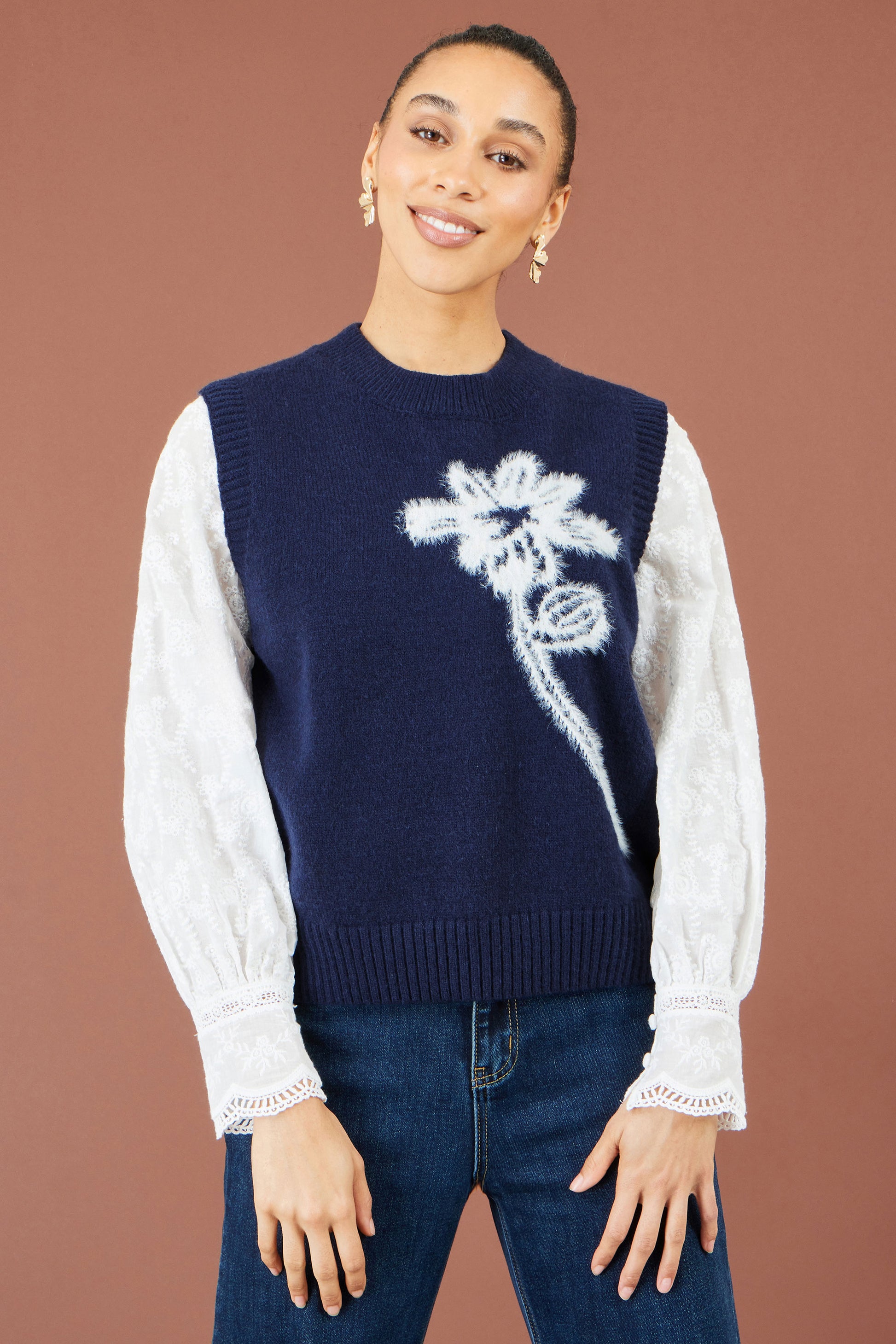 Yumi Navy Knitted Flower Sleeveless Jumper Vest Knit Pullover Yumi