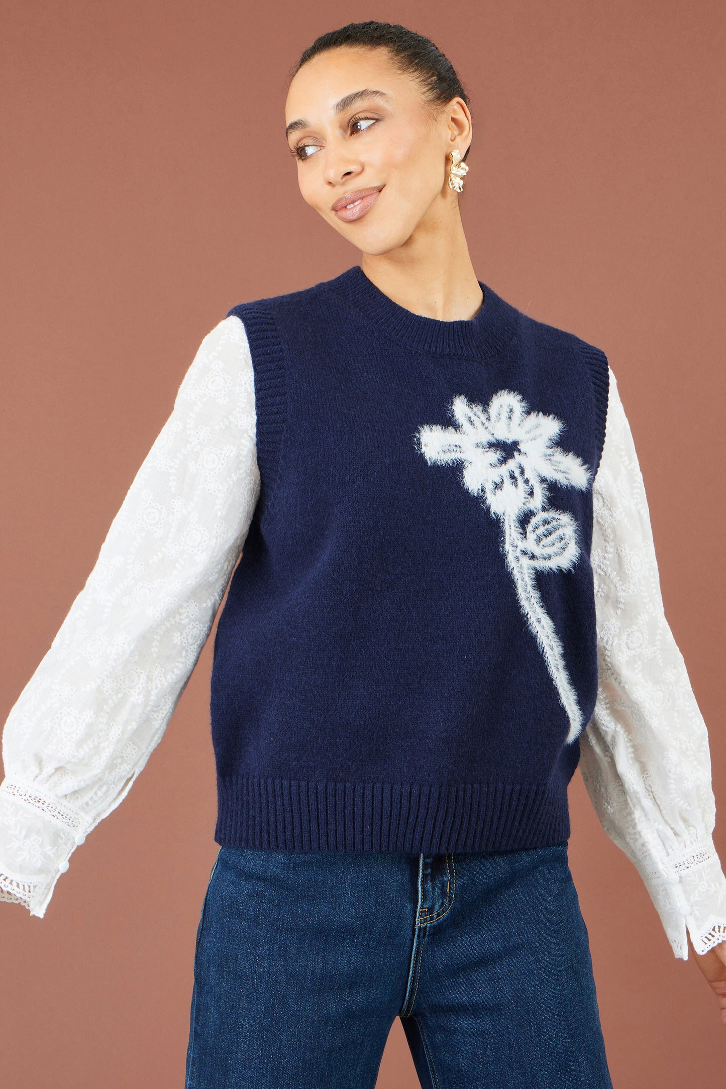 Yumi Navy Knitted Flower Sleeveless Jumper Vest Knit Pullover Yumi