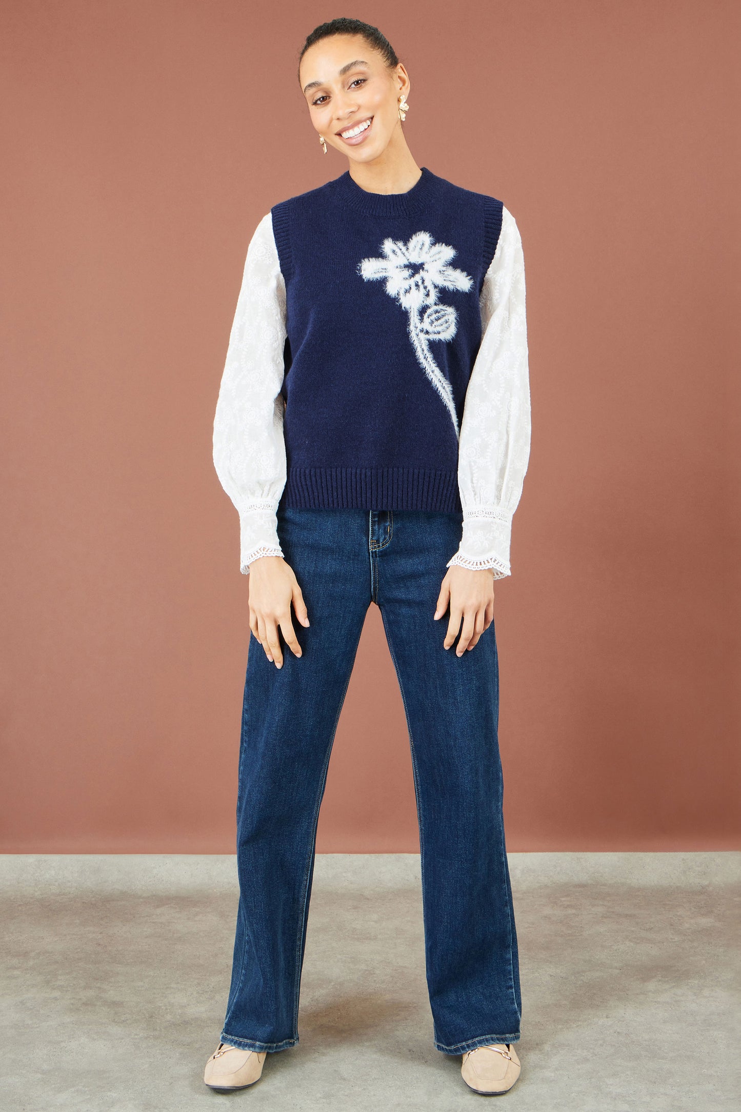 Yumi Navy Knitted Flower Sleeveless Jumper Vest Knit Pullover Yumi