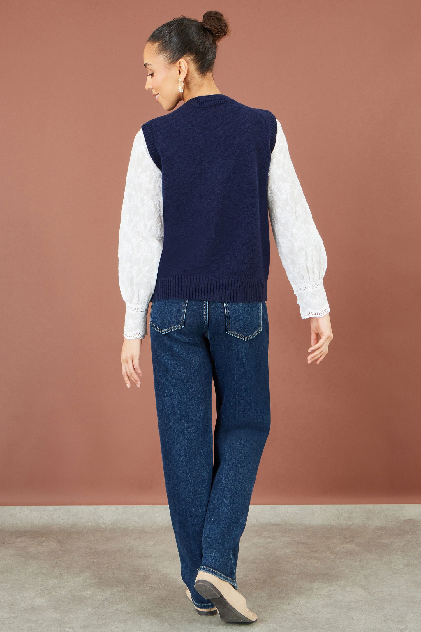 Yumi Navy Knitted Flower Sleeveless Jumper Vest Knit Pullover Yumi