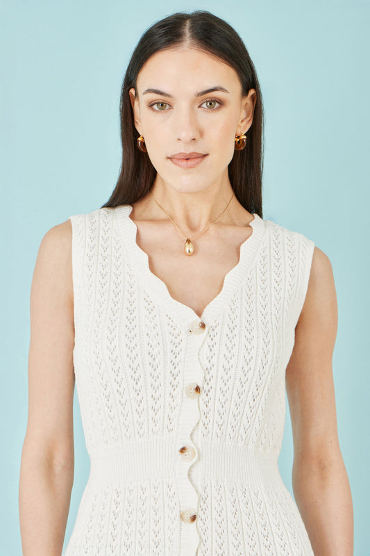 Yumi Ivory Cotton Scallop Crochet Knitted Dress Knit Dress Yumi