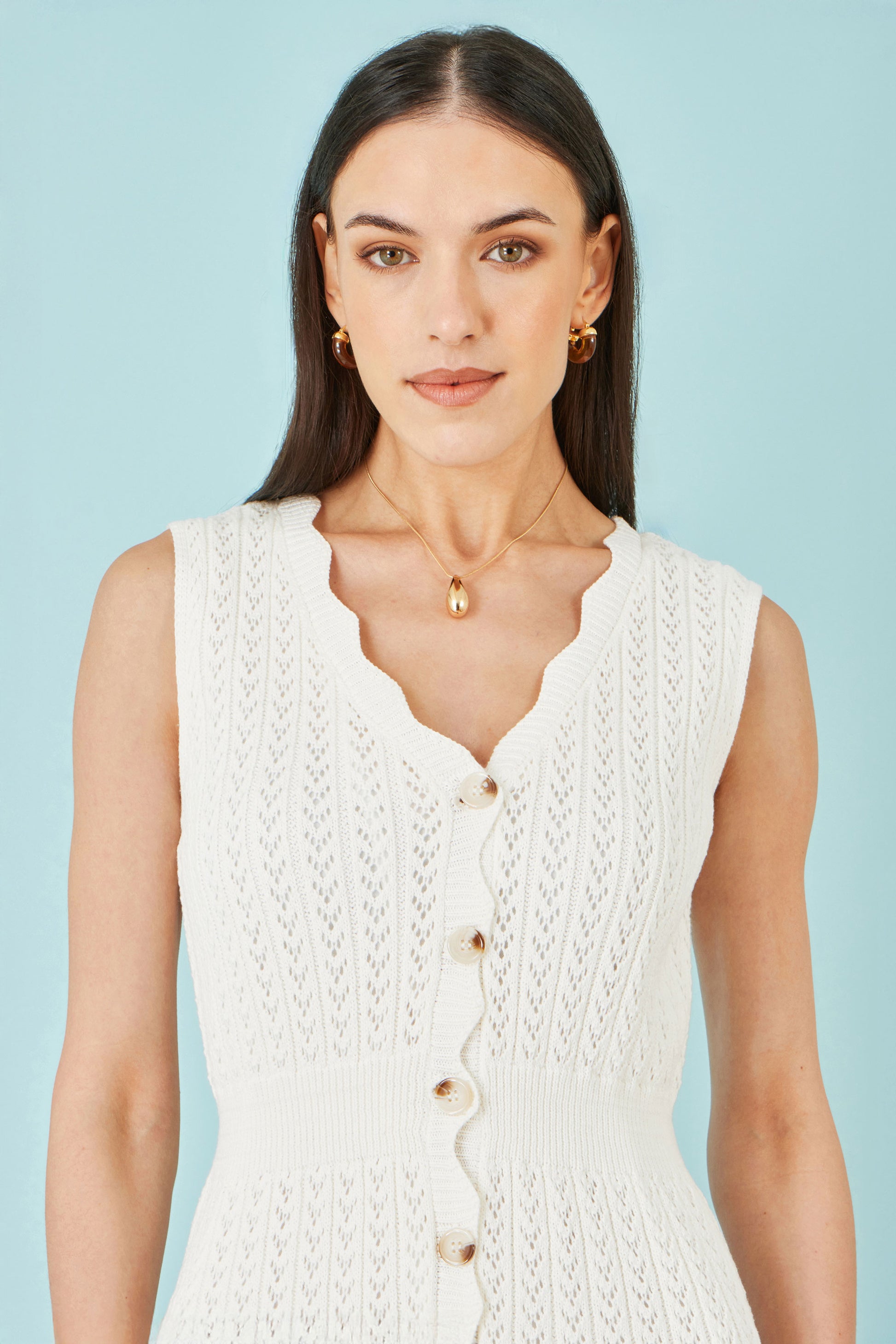 Yumi Ivory Cotton Scallop Crochet Knitted Dress Knit Dress Yumi