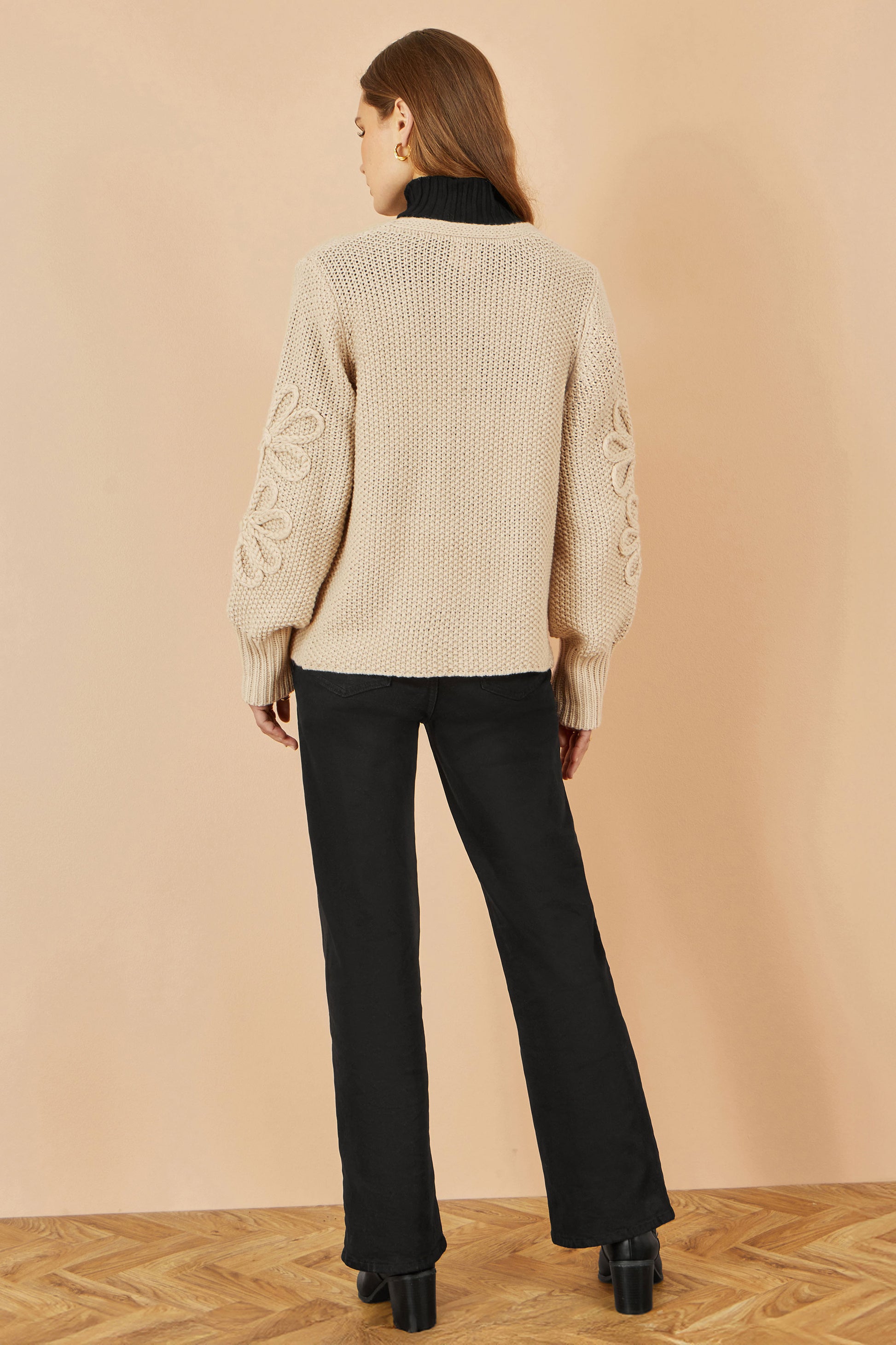 Yumi Beige Edge to Edge Cardigan With Flower Detail Sleeves Knit Cardigan Yumi