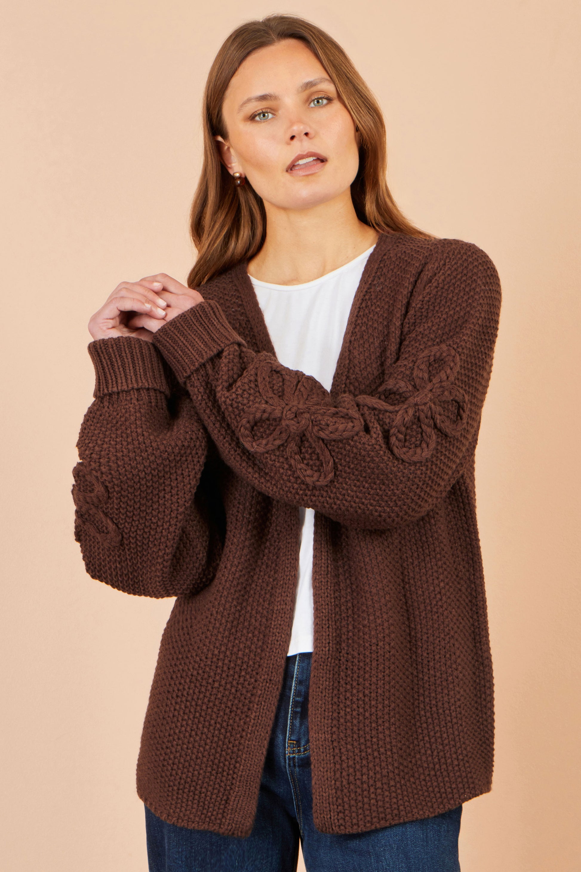 Yumi Brown Cardigan With Flower Detail Sleeves Knit Cardigan Yumi
