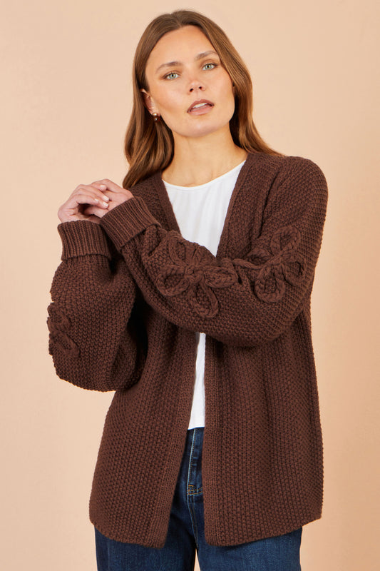 Yumi Brown Cardigan With Flower Detail Sleeves Knit Cardigan Yumi