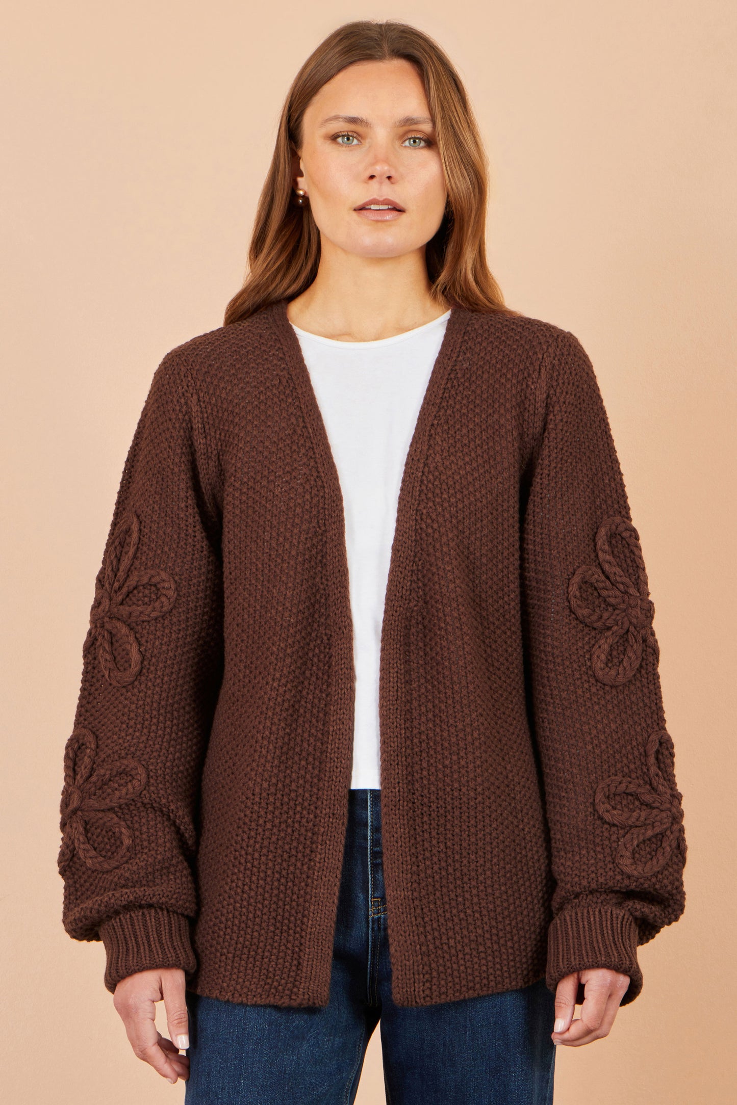 Yumi Brown Cardigan With Flower Detail Sleeves Knit Cardigan Yumi