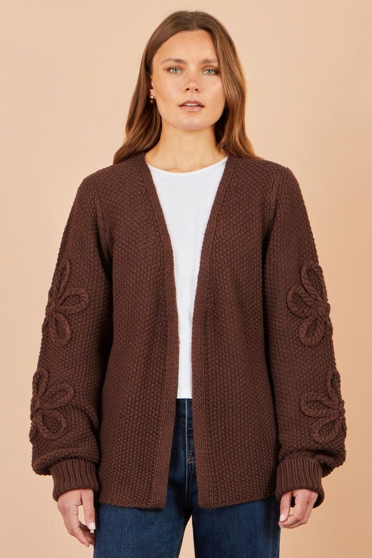 Yumi Brown Cardigan With Flower Detail Sleeves Knit Cardigan Yumi