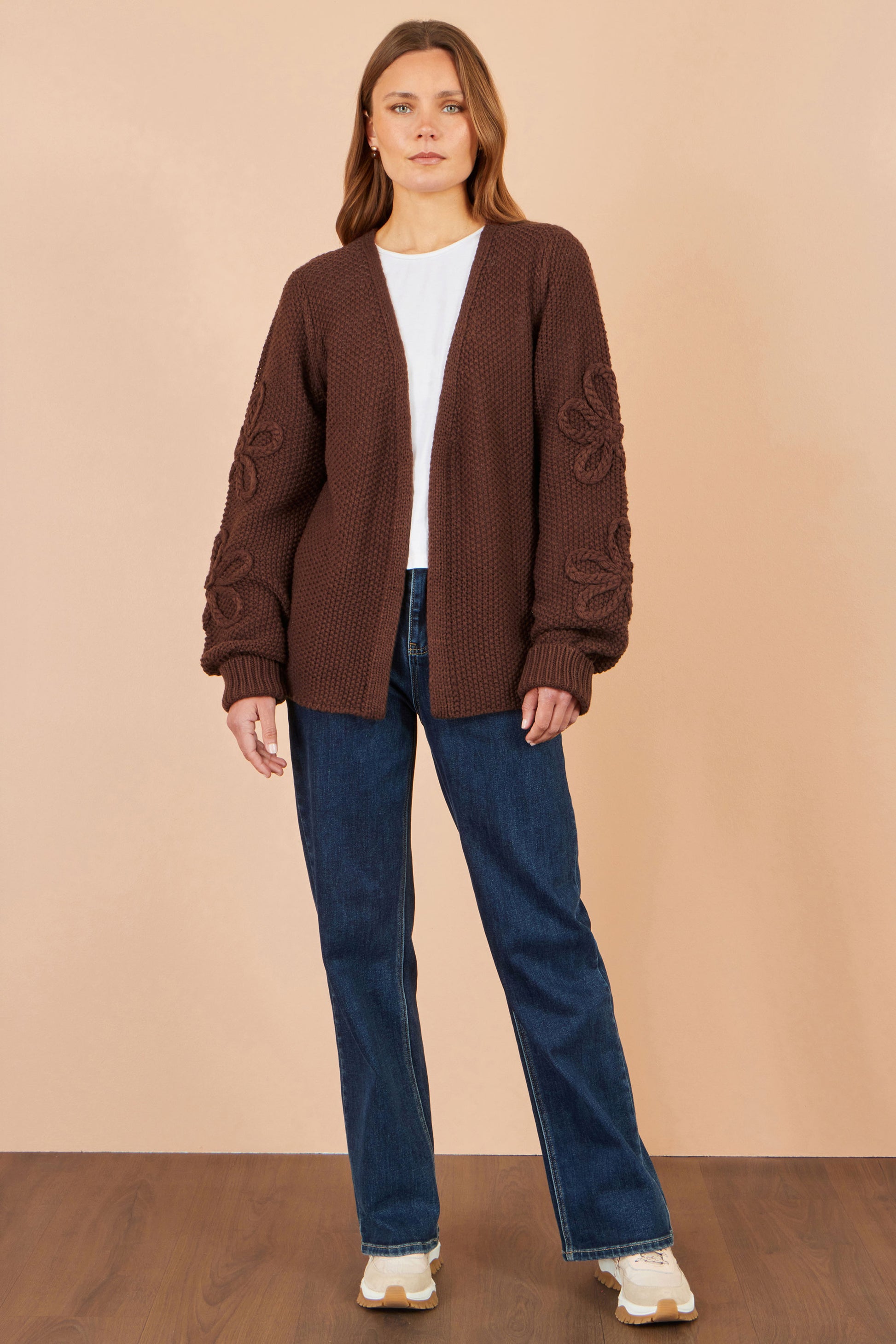 Yumi Brown Cardigan With Flower Detail Sleeves Knit Cardigan Yumi