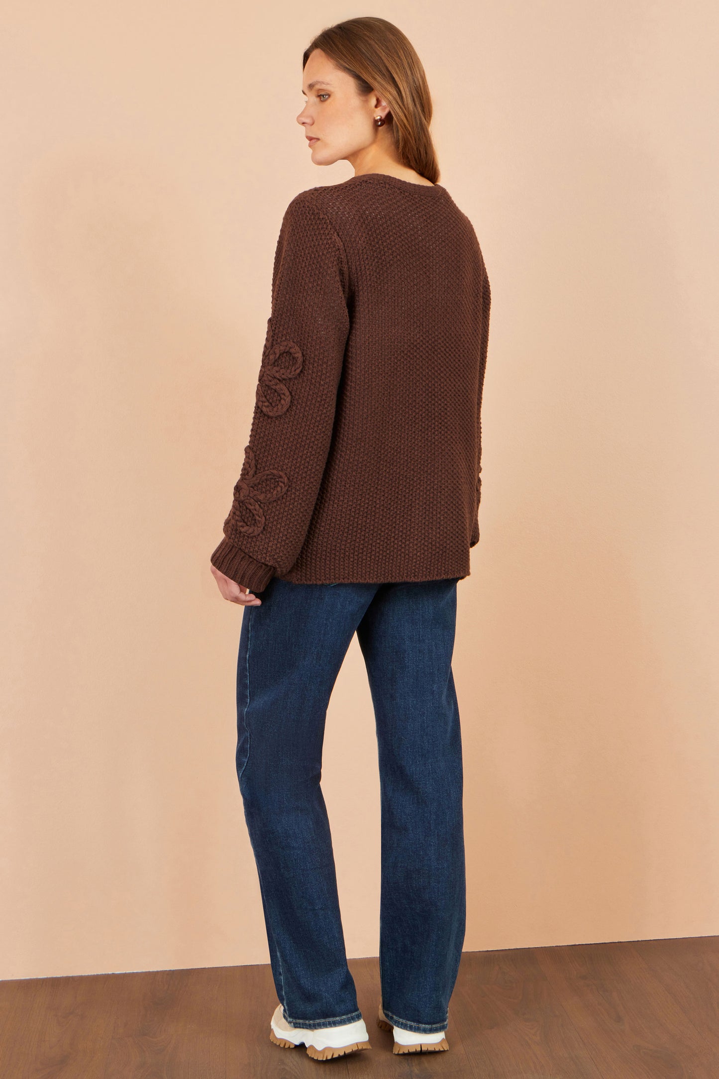 Yumi Brown Cardigan With Flower Detail Sleeves Knit Cardigan Yumi