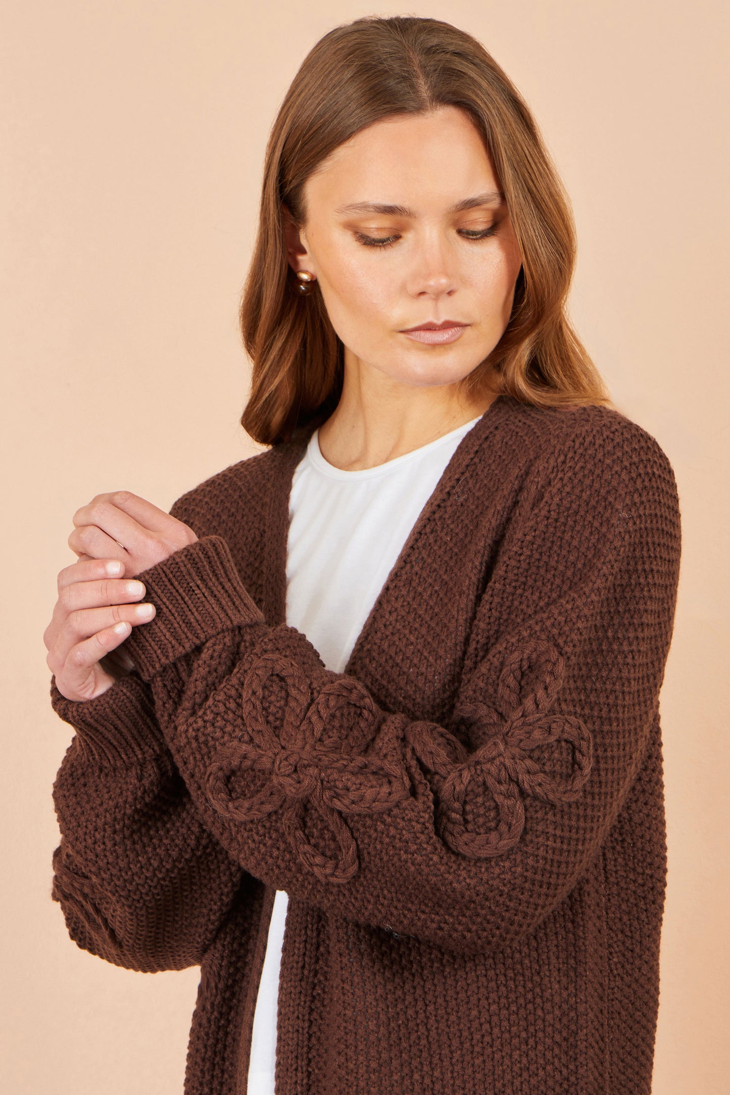 Yumi Brown Cardigan With Flower Detail Sleeves Knit Cardigan Yumi