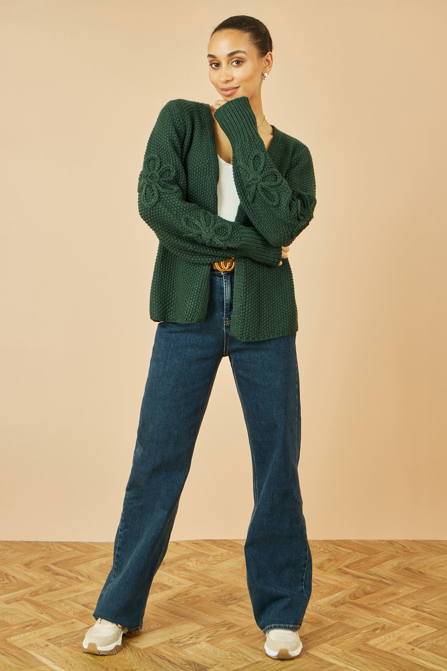 Yumi Green Edge to Edge Cardigan With Flower Detail Sleeves Knit Cardigan Yumi