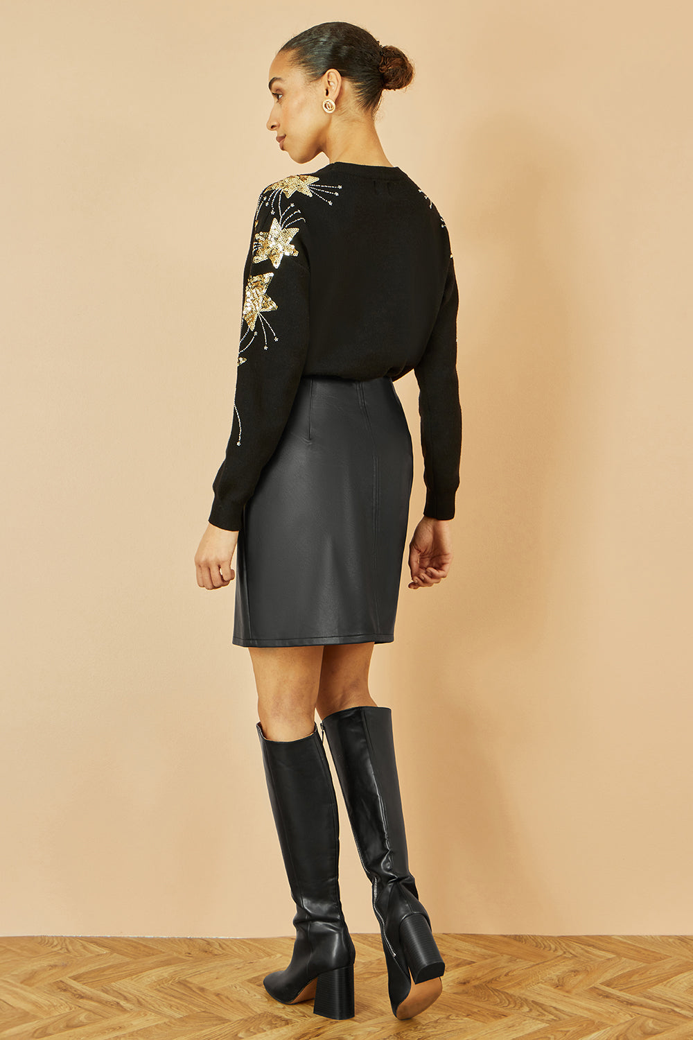 Yumi Black Relaxed Fit Jumper With Sequin Star Sleeves Knit Xmas Jumper Yumi