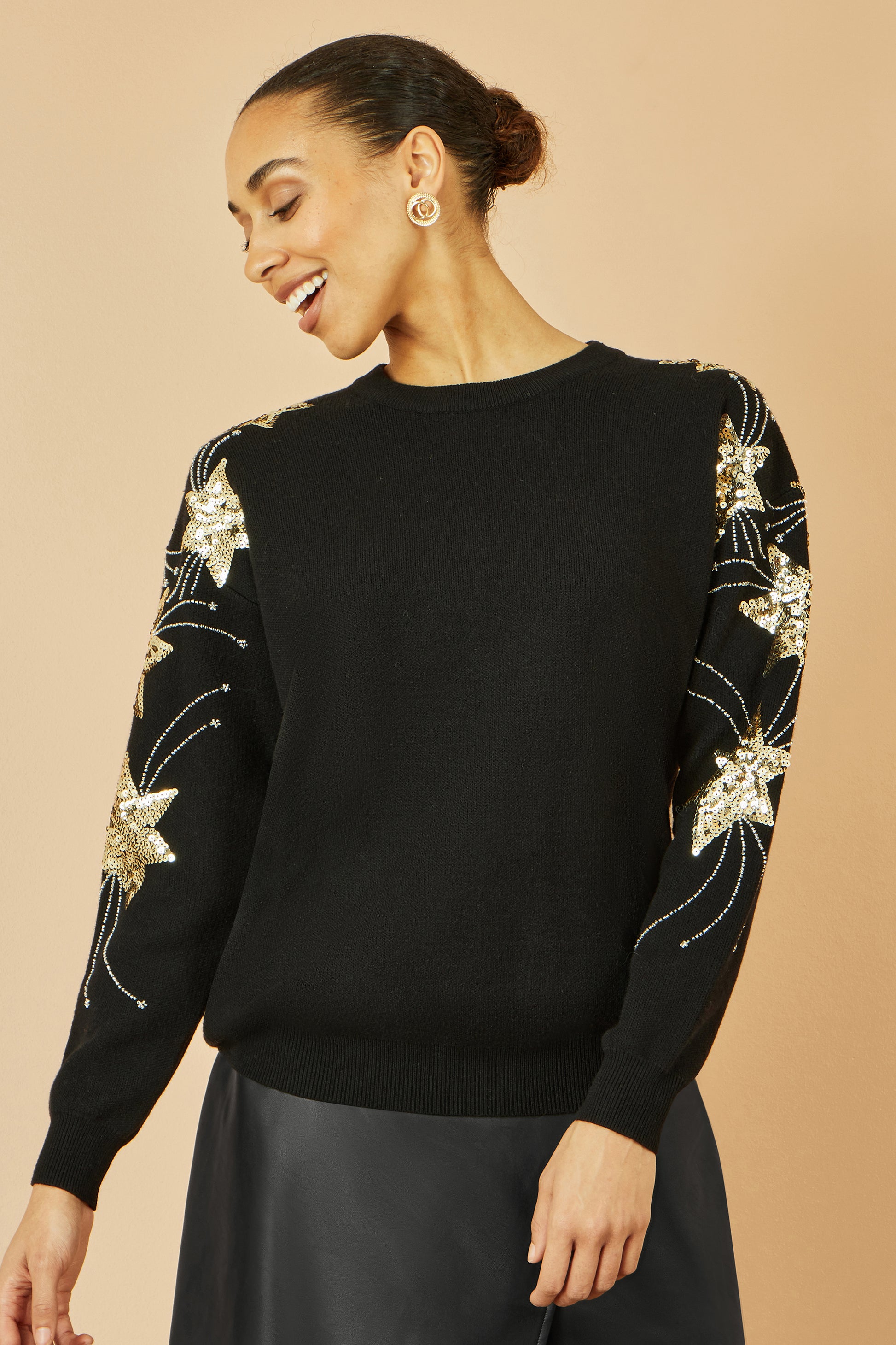 Yumi Black Relaxed Fit Jumper With Sequin Star Sleeves Knit Xmas Jumper Yumi
