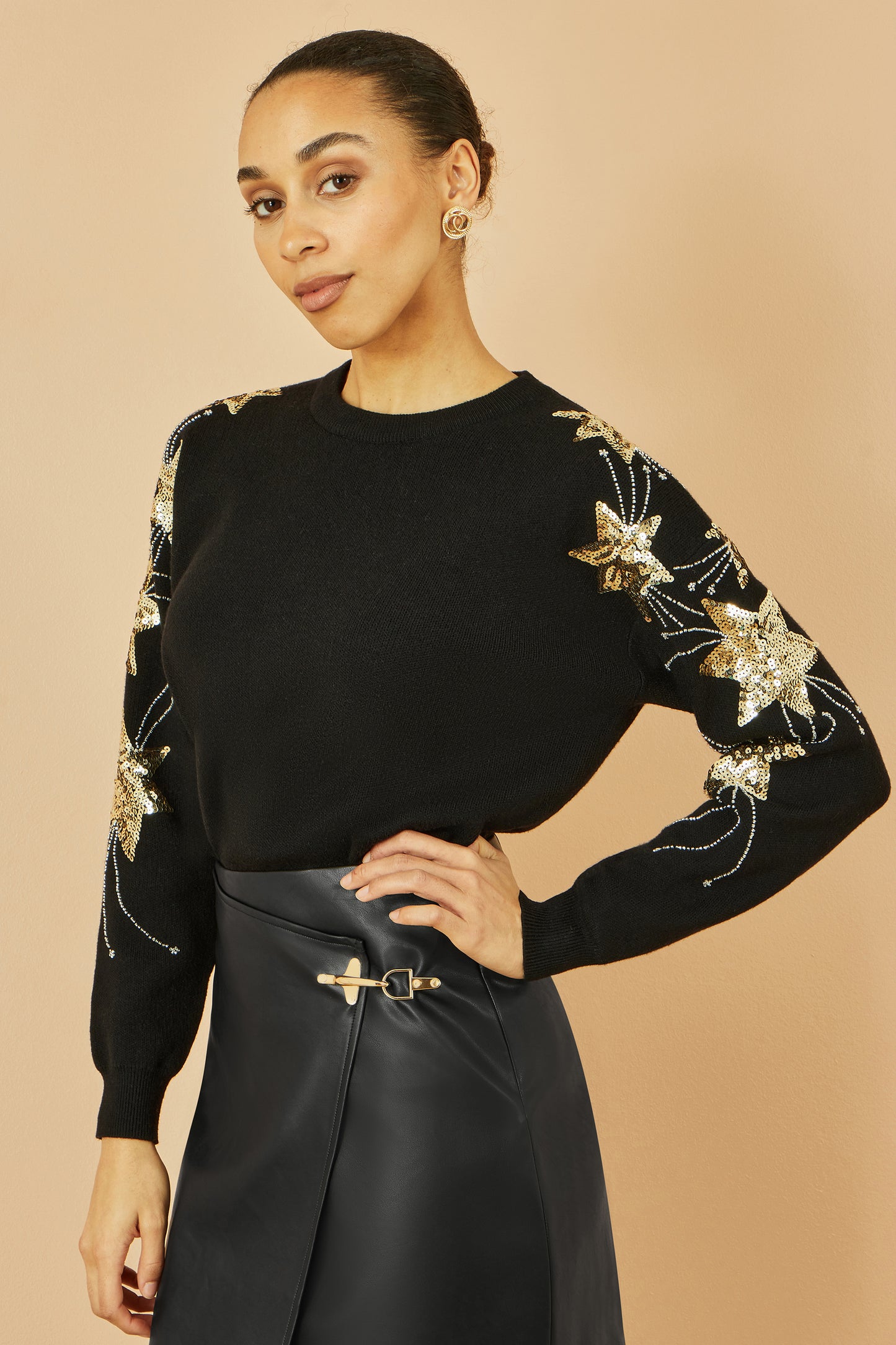 Yumi Black Relaxed Fit Jumper With Sequin Star Sleeves Knit Xmas Jumper Yumi