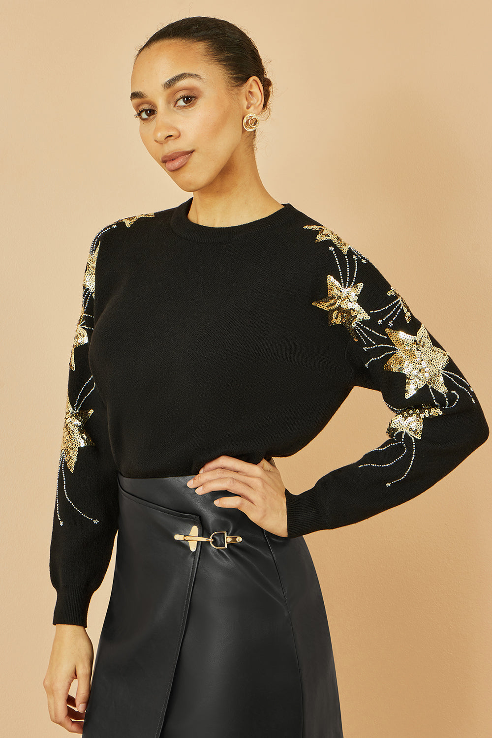 Yumi Black Relaxed Fit Jumper With Sequin Star Sleeves Knit Xmas Jumper Yumi