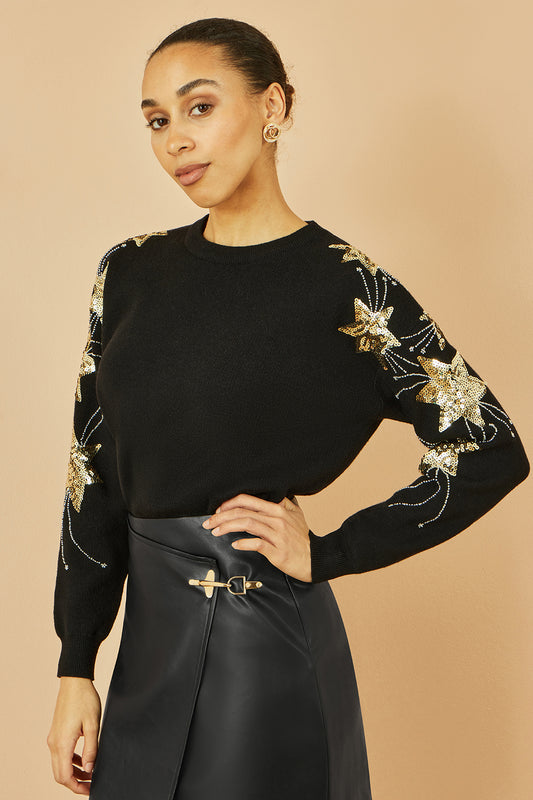 Yumi Black Relaxed Fit Jumper With Sequin Star Sleeves Knit Xmas Jumper Yumi