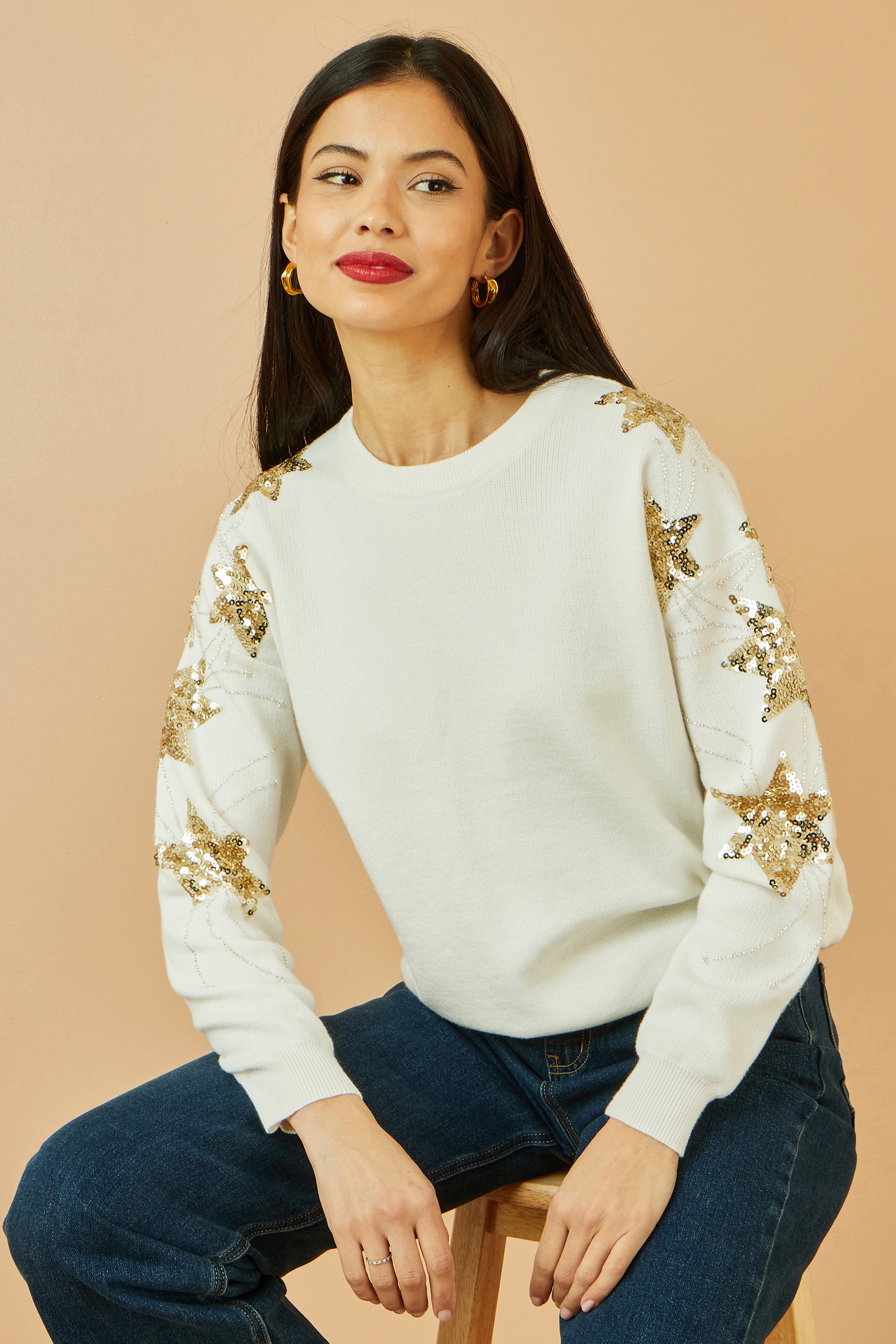 Yumi White Relaxed Fit Jumper With Sequin Star Sleeves Knit Xmas Jumper Yumi