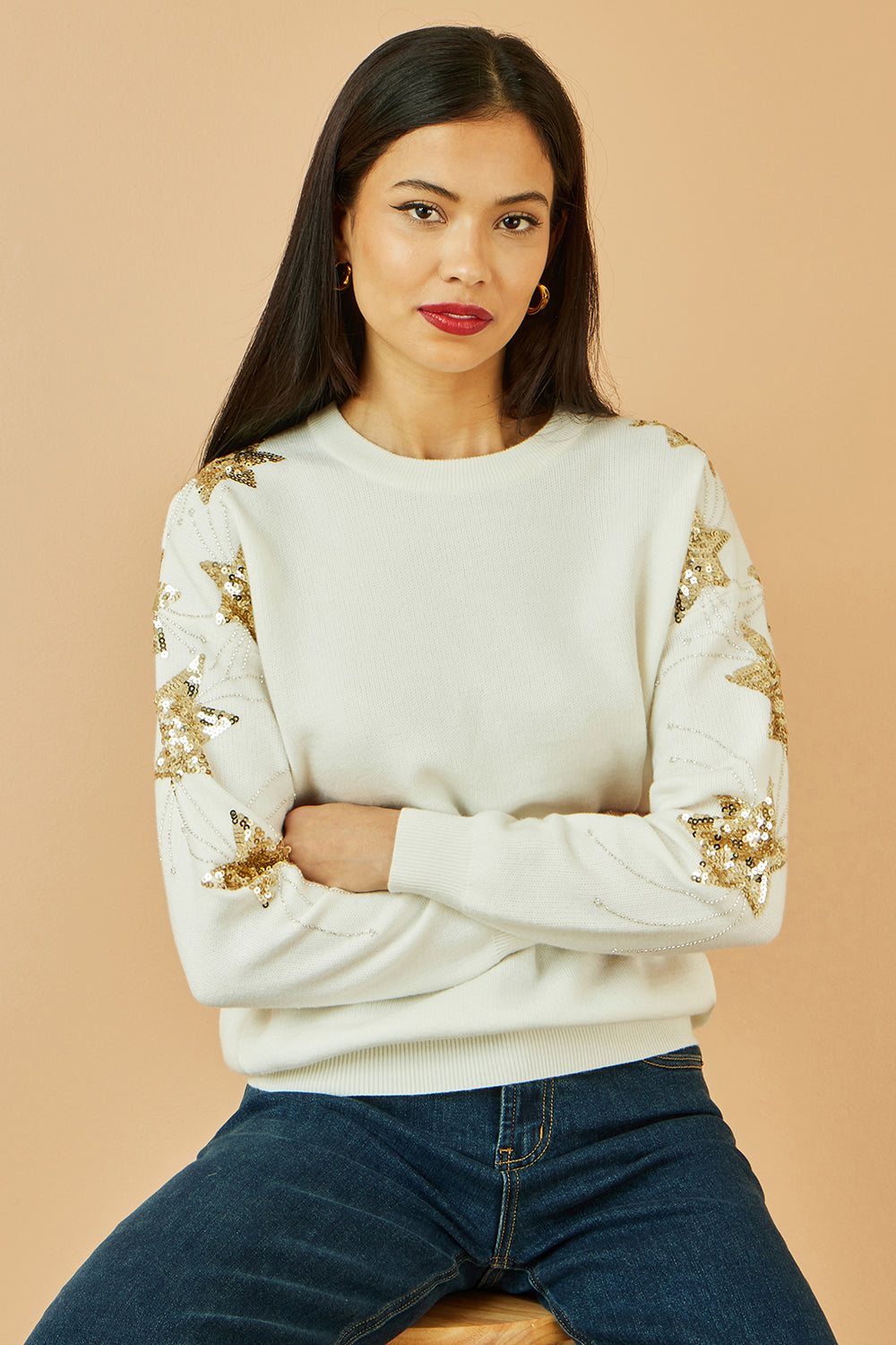 Yumi White Relaxed Fit Jumper With Sequin Star Sleeves Knit Xmas Jumper Yumi