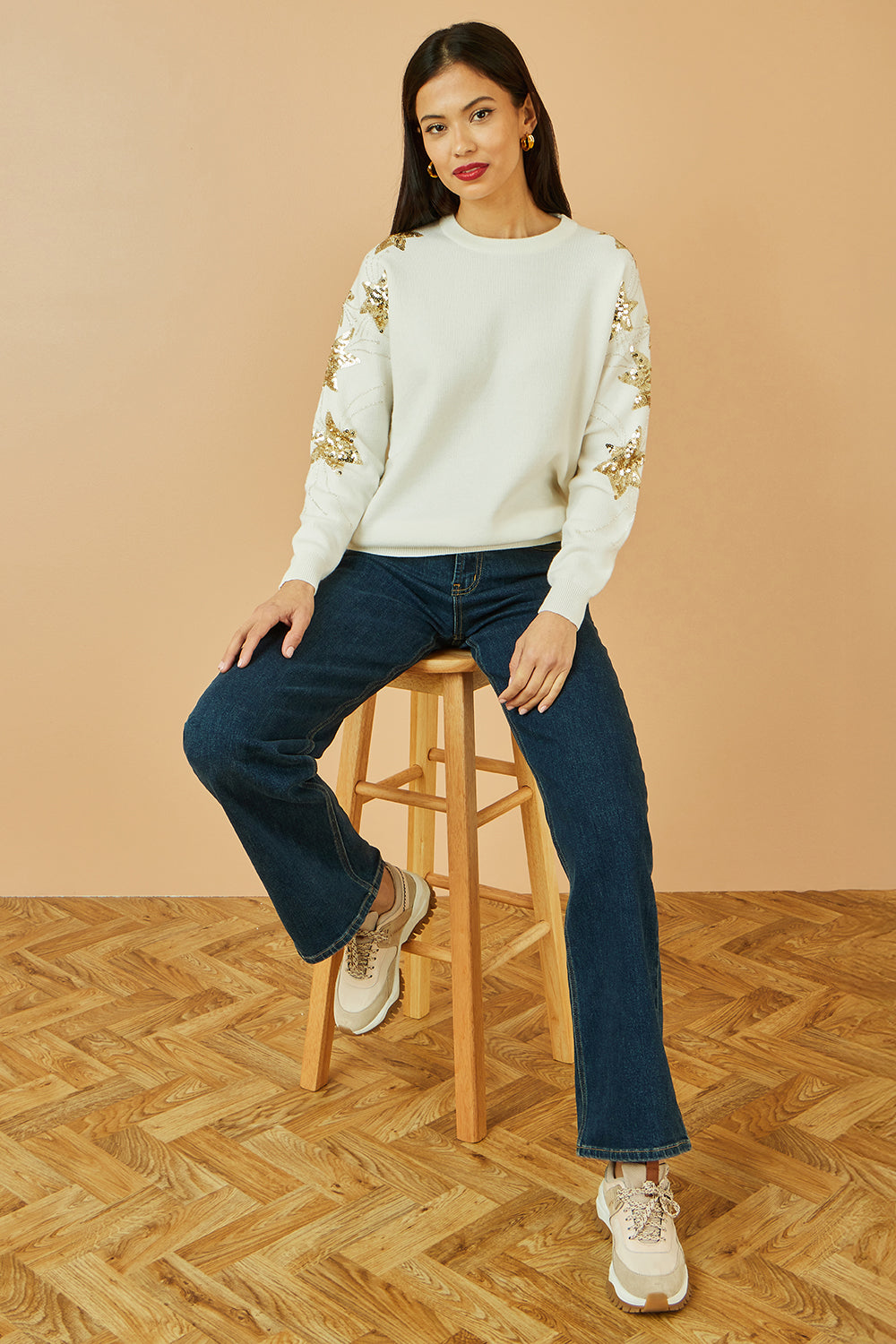Yumi White Relaxed Fit Jumper With Sequin Star Sleeves Knit Xmas Jumper Yumi