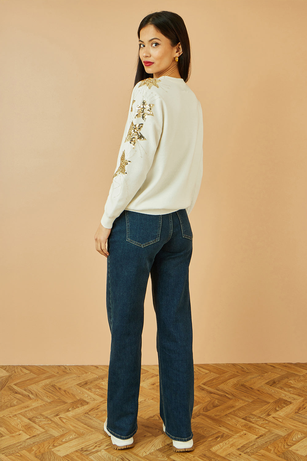 Yumi White Relaxed Fit Jumper With Sequin Star Sleeves Knit Xmas Jumper Yumi
