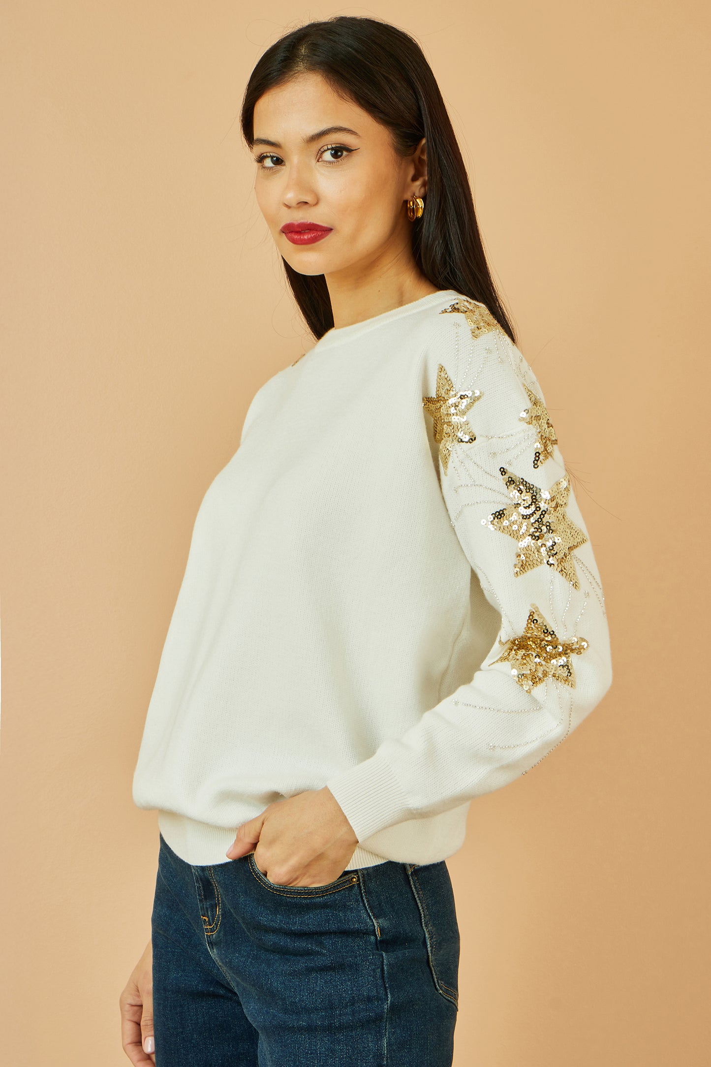 Yumi White Relaxed Fit Jumper With Sequin Star Sleeves Knit Xmas Jumper Yumi