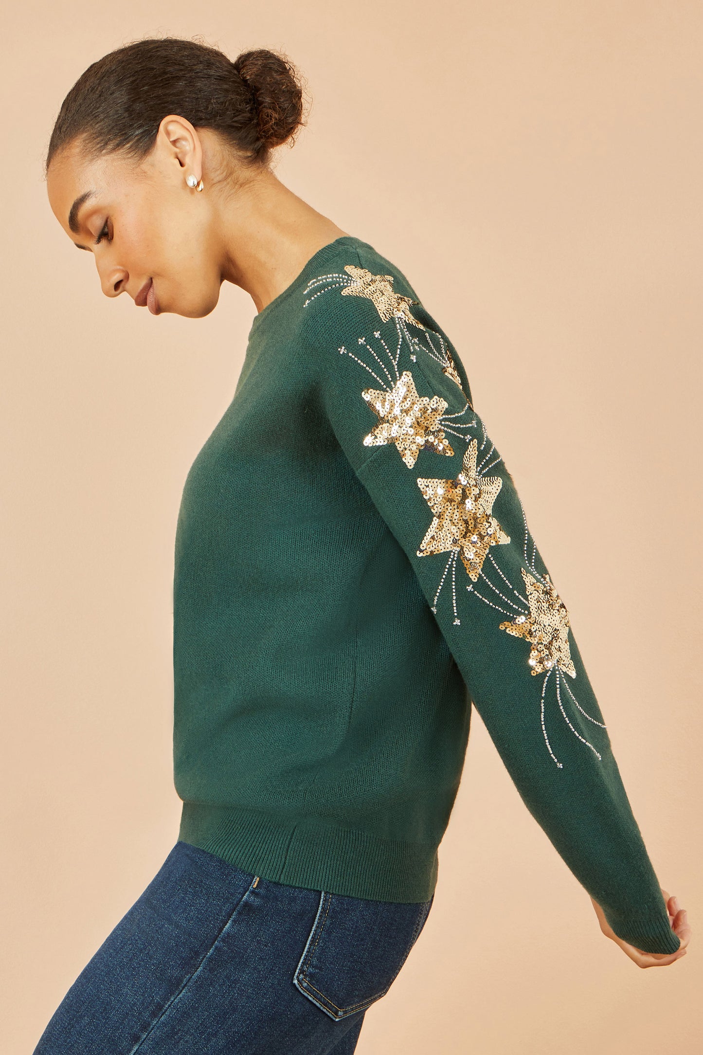 Yumi Green Relaxed Fit Jumper With Sequin Star Sleeves Knit Xmas Jumper Yumi