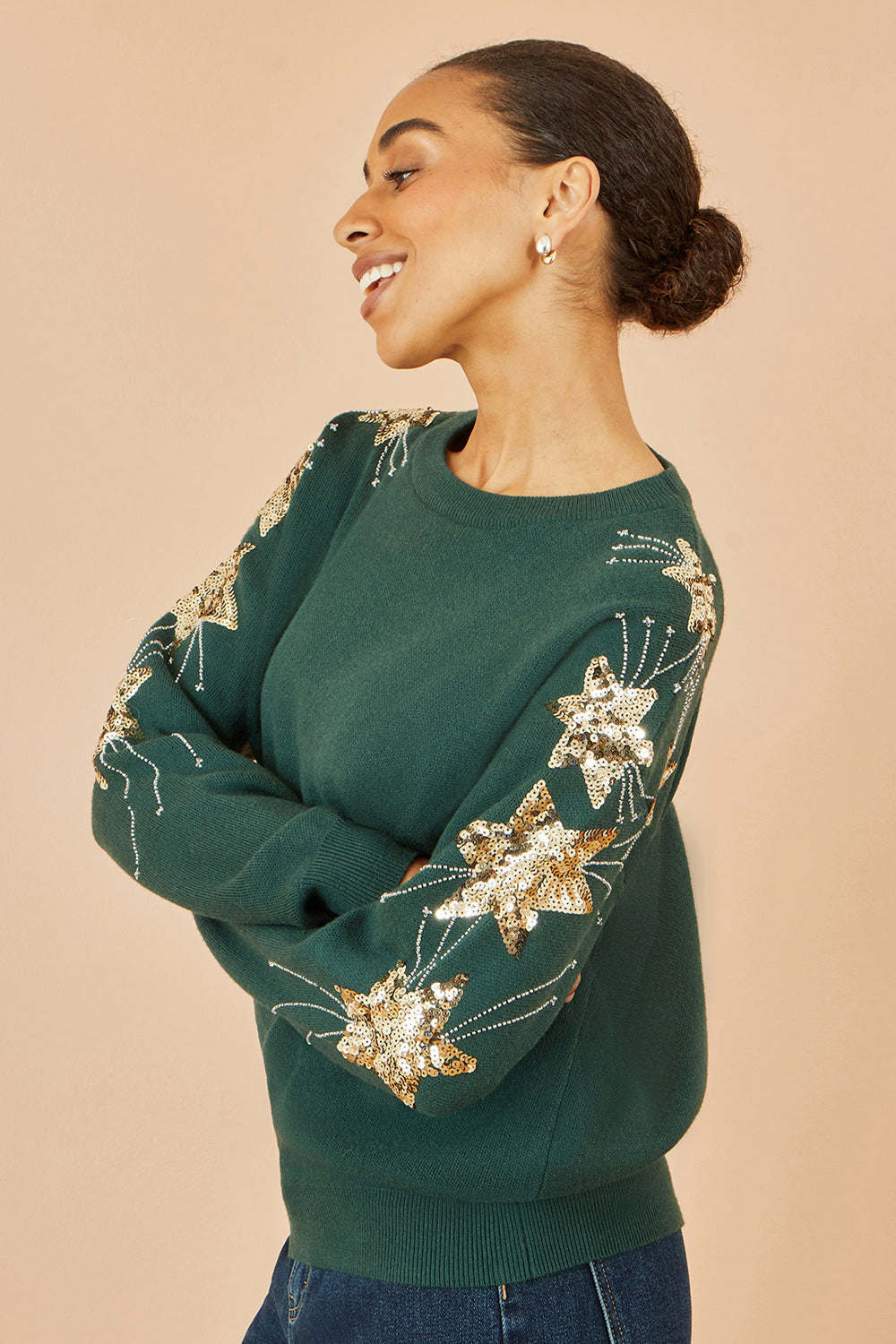 Yumi Green Relaxed Fit Jumper With Sequin Star Sleeves Knit Xmas Jumper Yumi