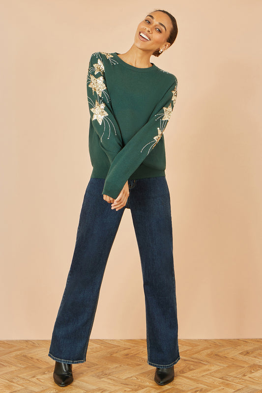Yumi Green Relaxed Fit Jumper With Sequin Star Sleeves Knit Xmas Jumper Yumi