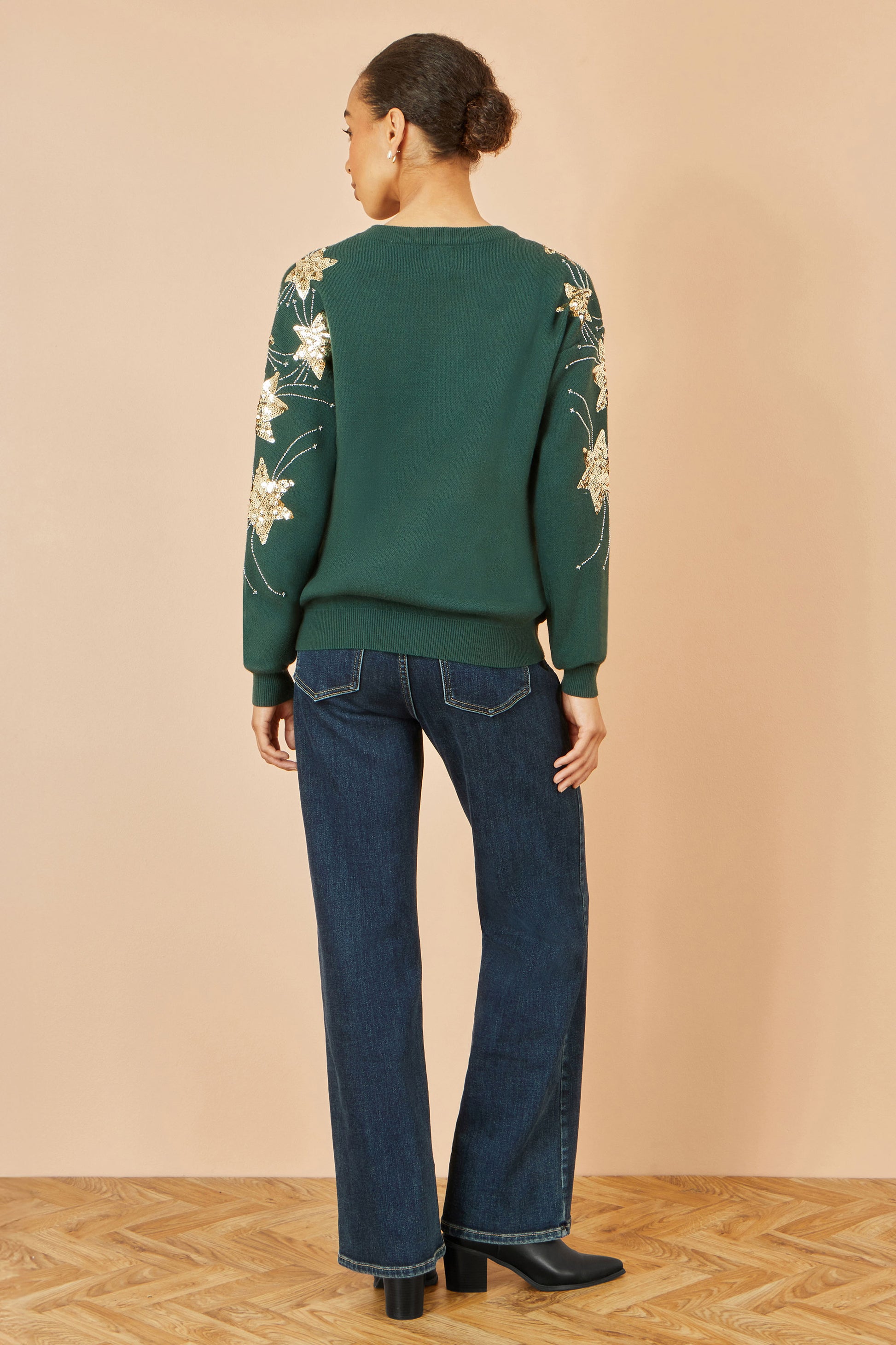 Yumi Green Relaxed Fit Jumper With Sequin Star Sleeves Knit Xmas Jumper Yumi