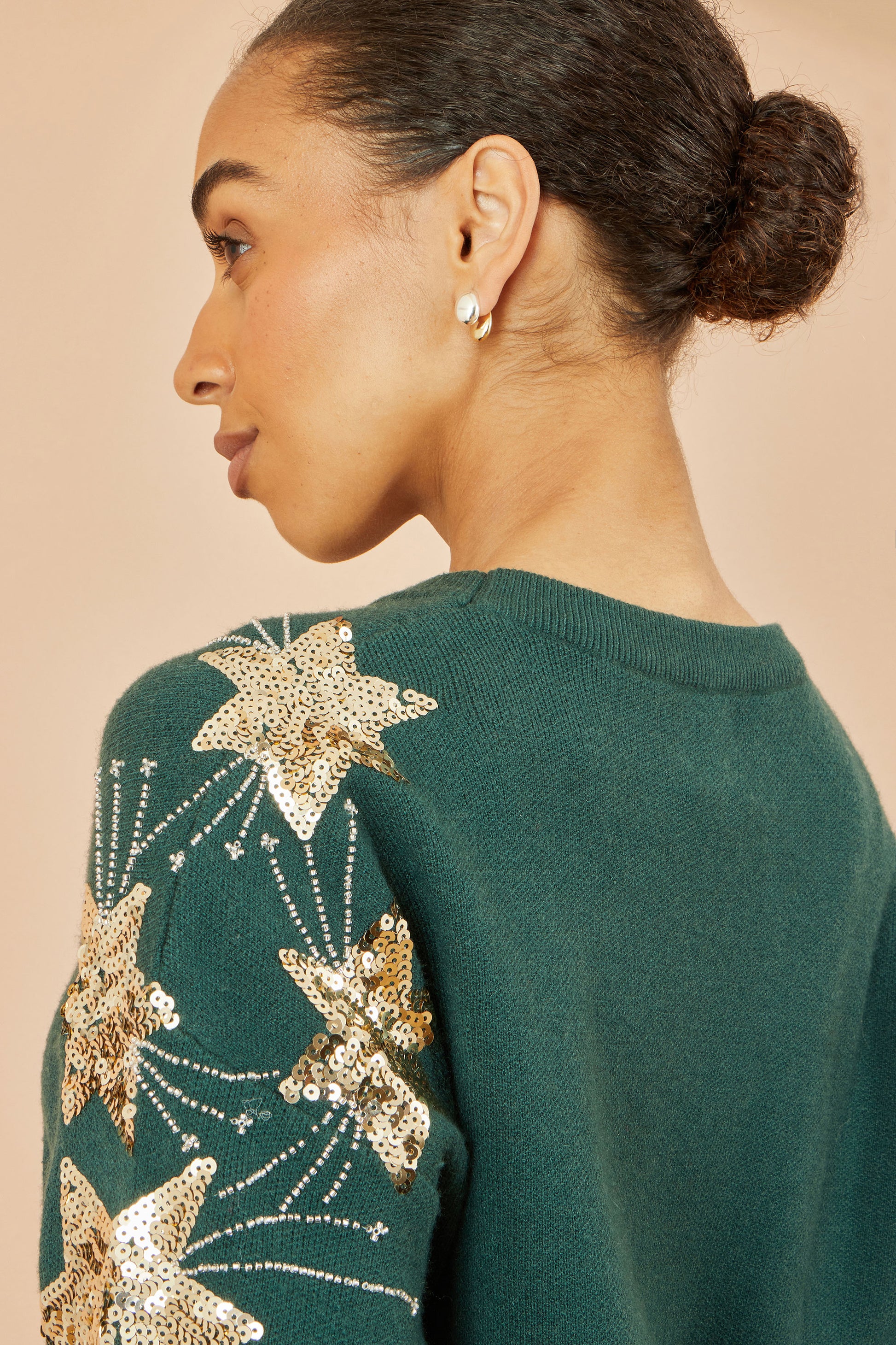 Yumi Green Relaxed Fit Jumper With Sequin Star Sleeves Knit Xmas Jumper Yumi