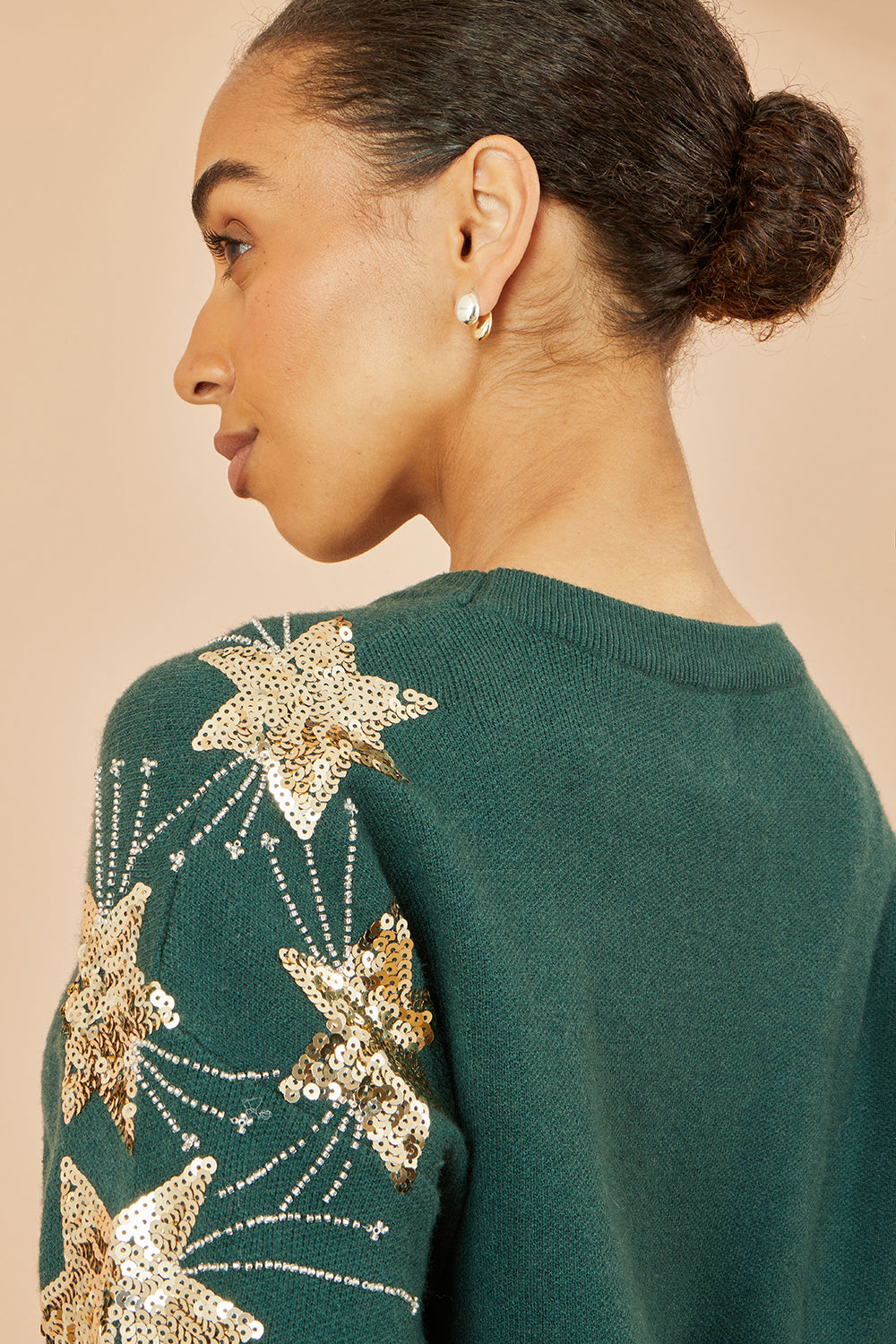 Yumi Green Relaxed Fit Jumper With Sequin Star Sleeves Knit Xmas Jumper Yumi