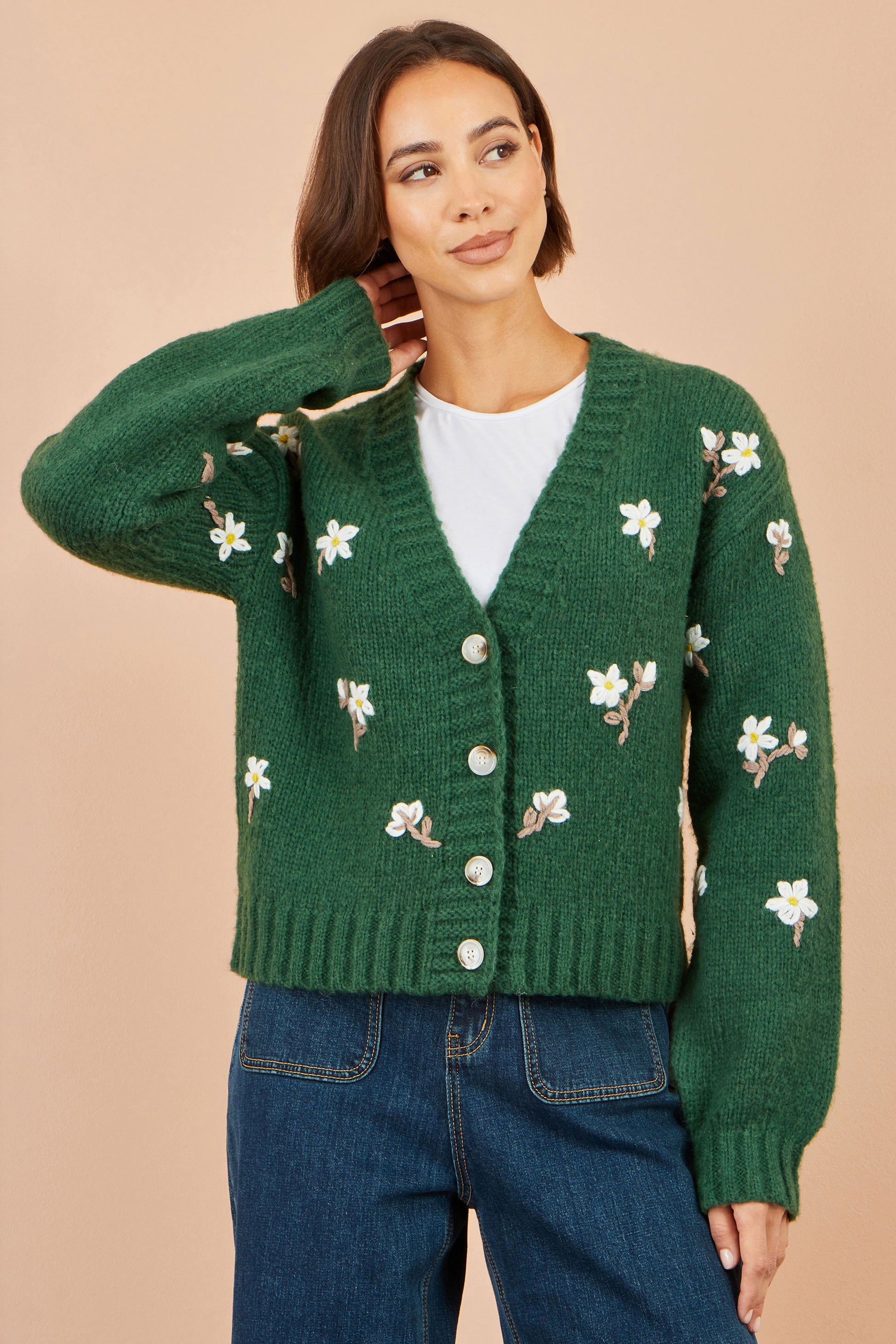 Yumi Green Hand Embroidered Chunky Knitted Cardigan Knit Cardigan Yumi